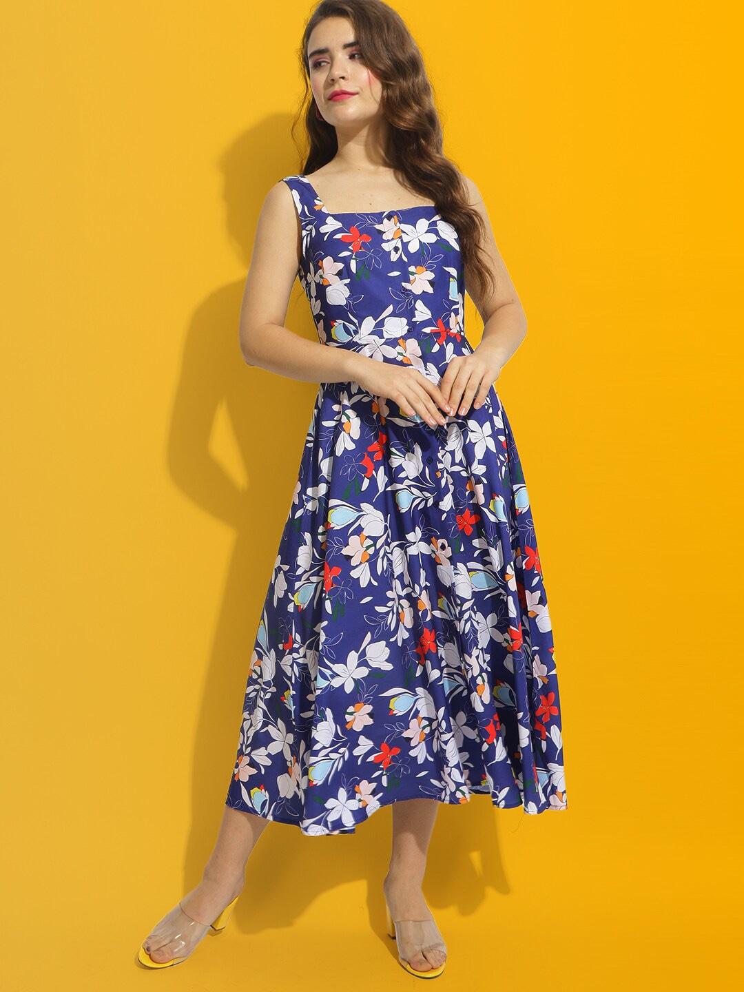 mast & harbour navy blue & white floral printed a line midi dress