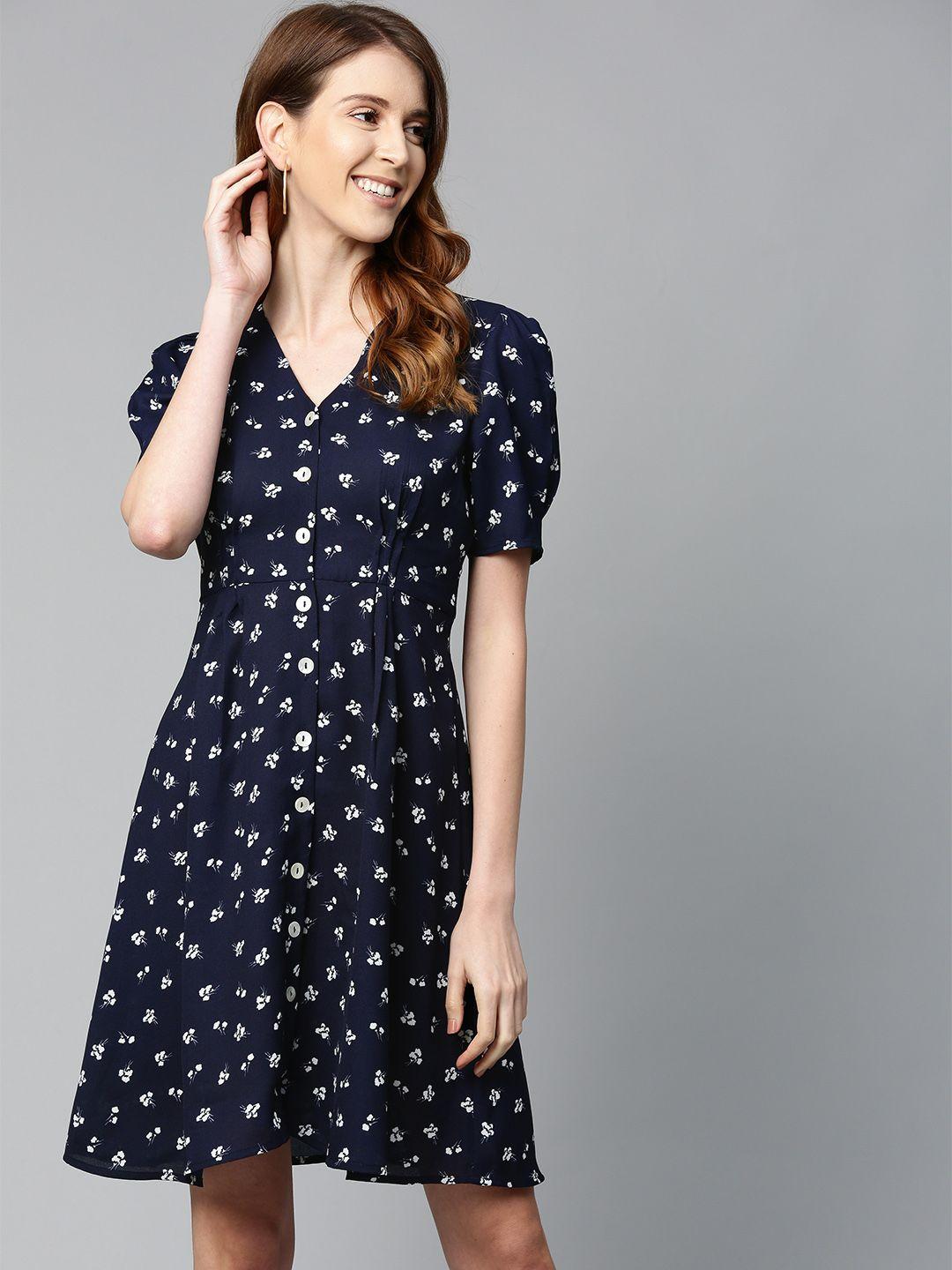 mast & harbour navy blue & white pleated floral printed a-line dress