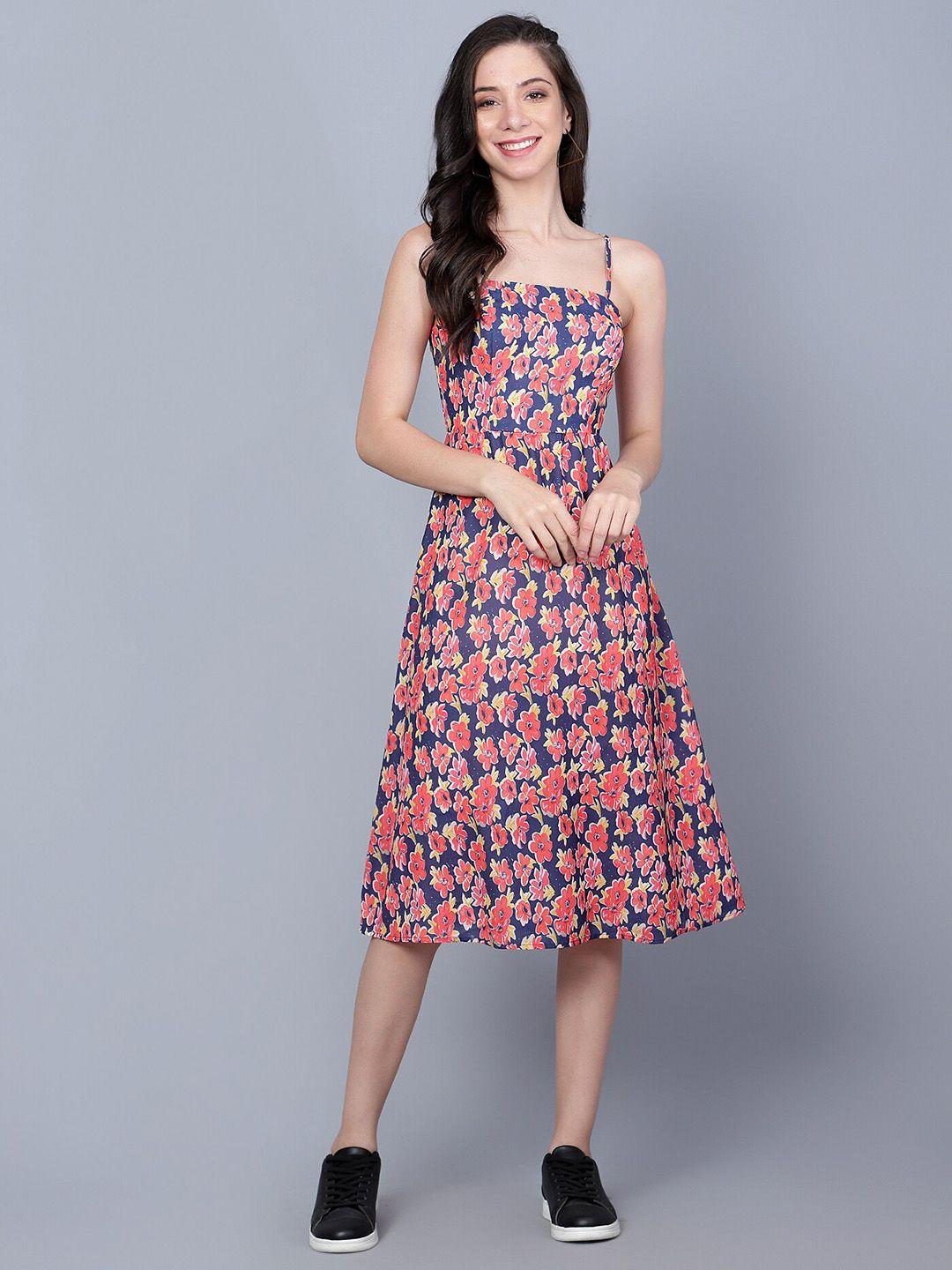 mast & harbour navy blue floral printed fit & flare midi dress