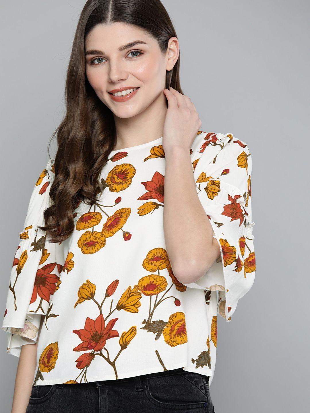 mast & harbour off white & rust red floral print top