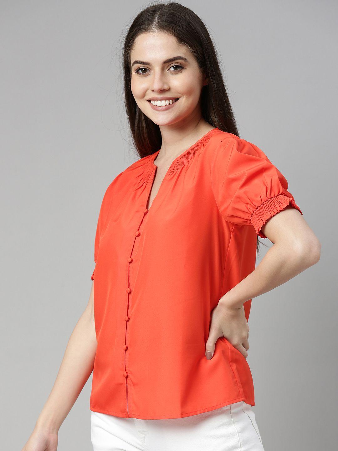 mast & harbour orange puff sleeve smocked regular top