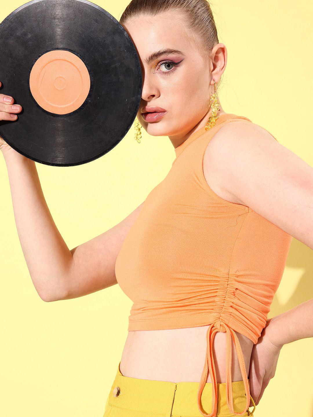 mast & harbour orange solid round neck fitted crop top