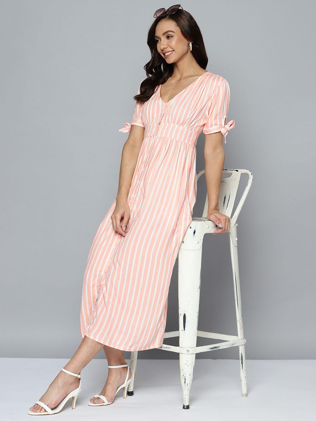 mast & harbour peach-coloured & white striped a-line midi dress