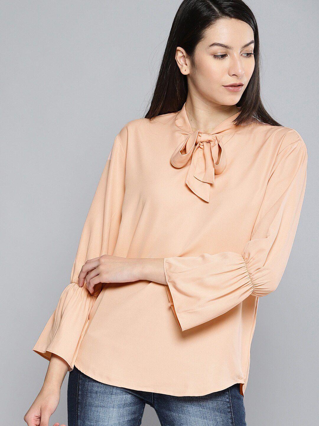 mast & harbour peach-coloured tie-up neck bell sleeve top