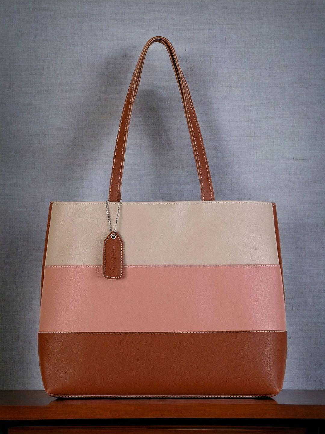 mast & harbour pink & brown colourblocked pu oversized shopper tote bag