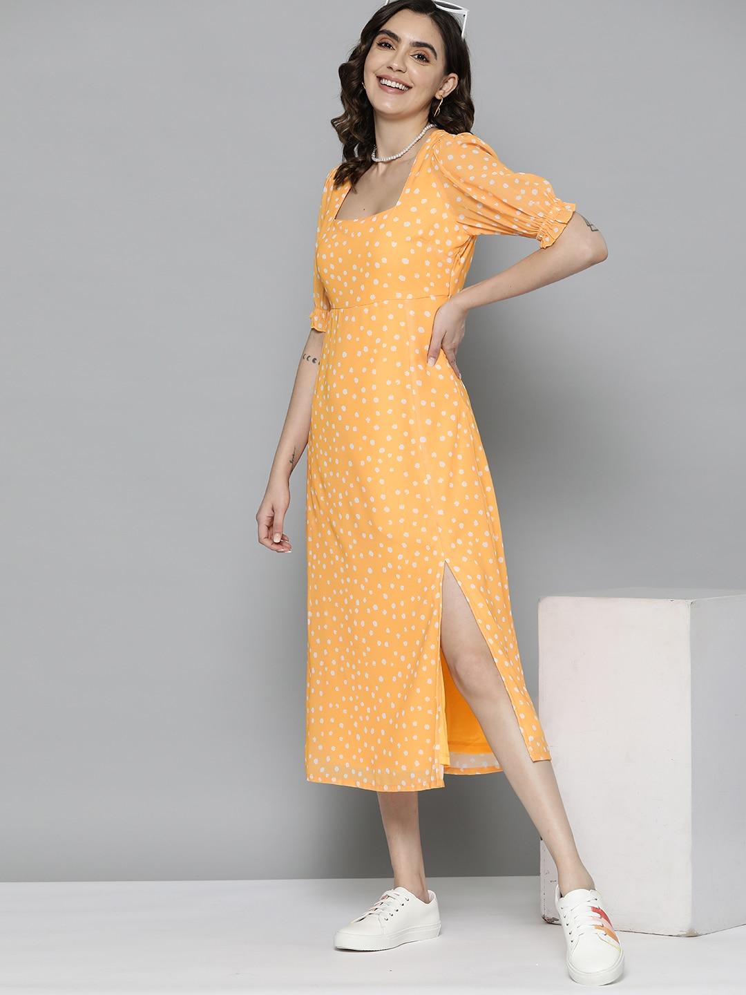 mast & harbour polka dot print puff sleeve a-line midi dress