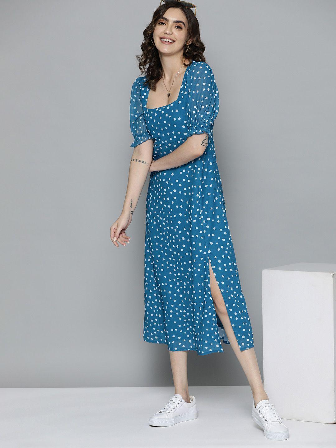 mast & harbour polka dot print puff sleeve a-line midi dress