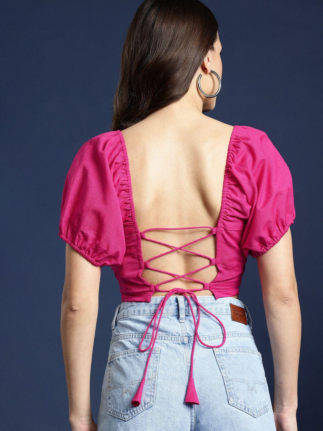 mast & harbour puff sleeves square neck styled back crop top