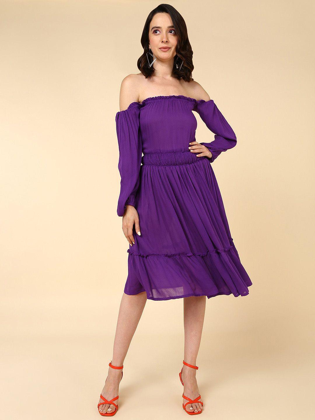 mast & harbour purple off-shoulder smocked fit & flare dress