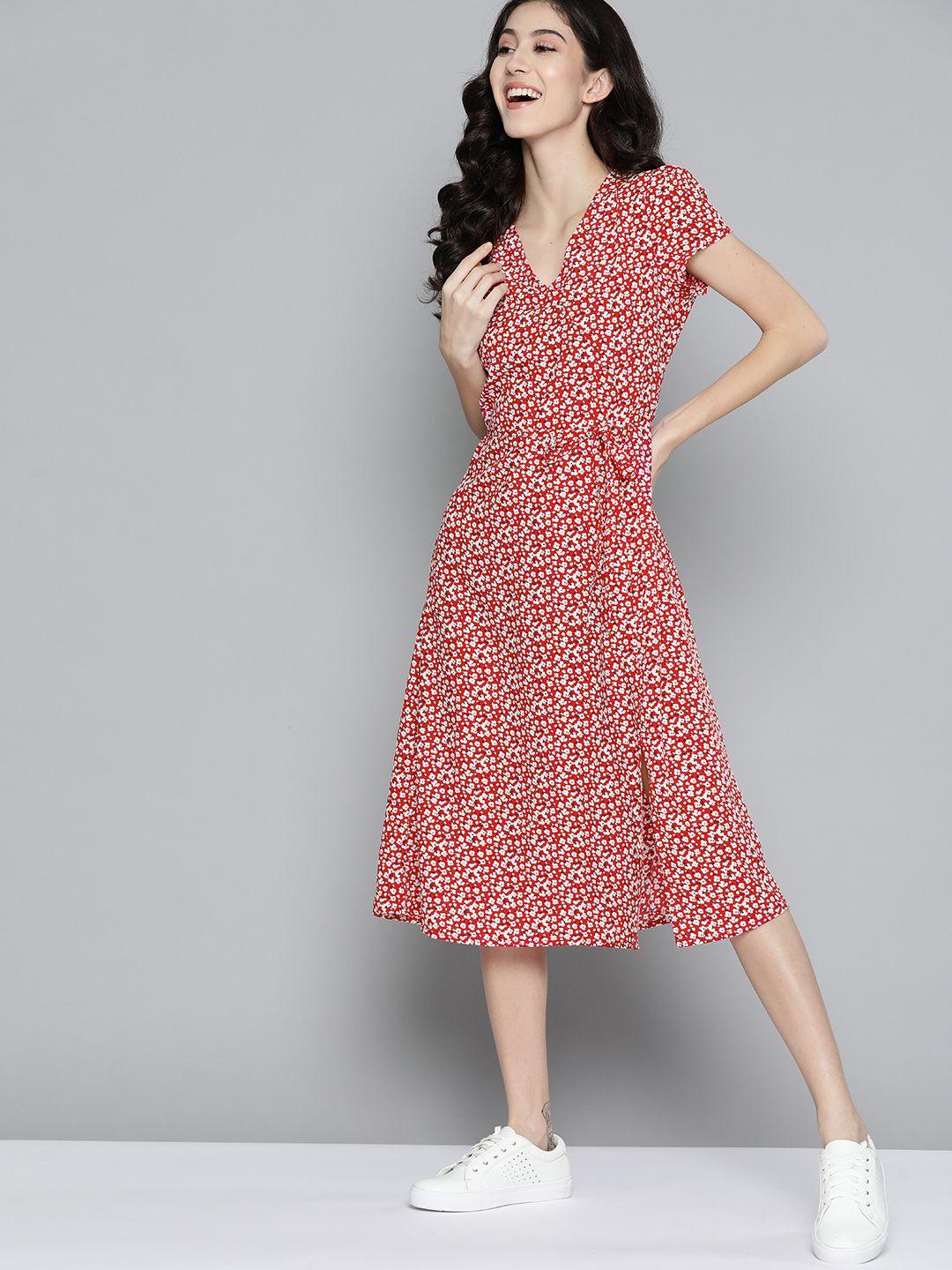 mast & harbour red & white  floral print wrap dress