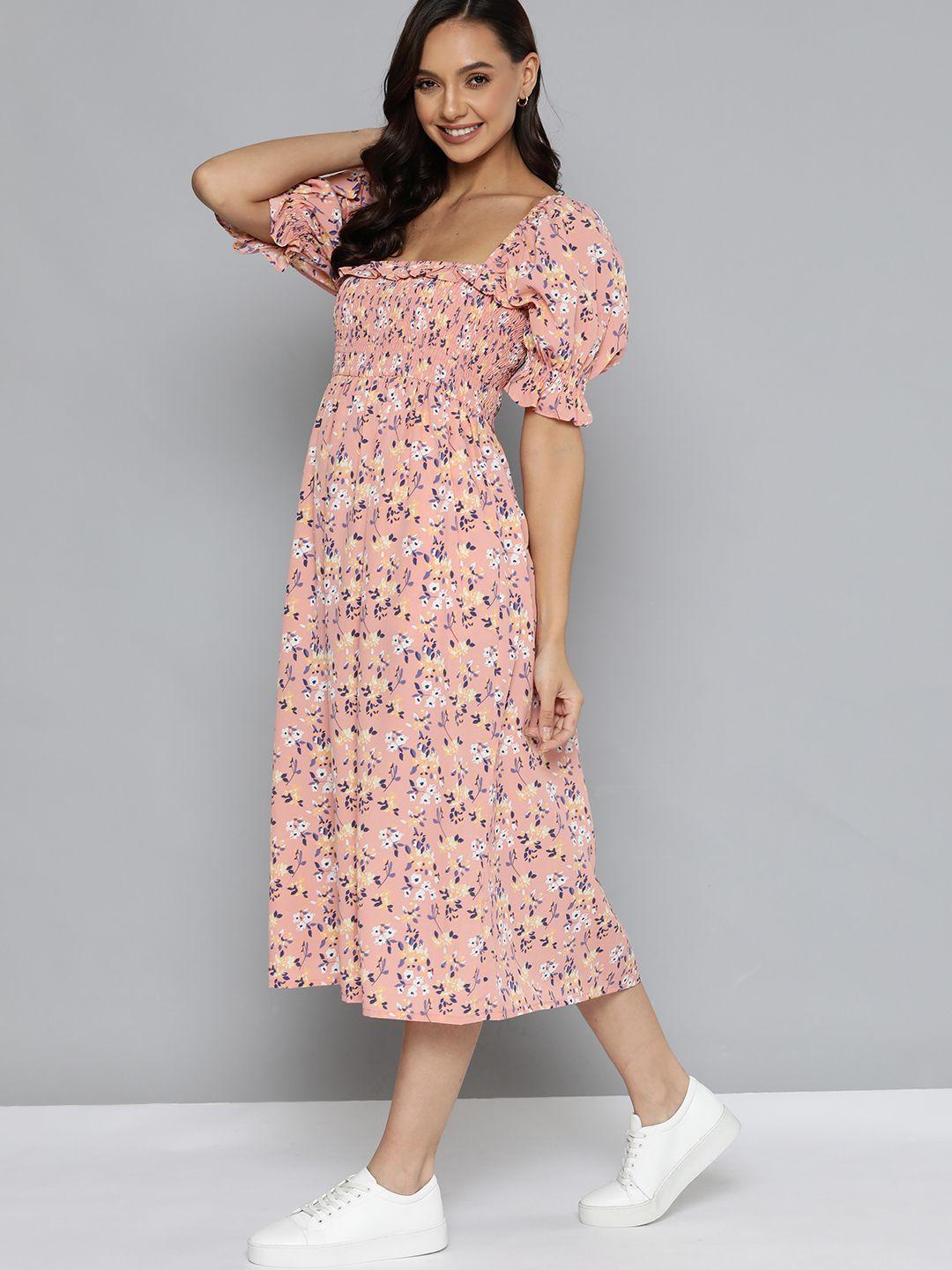 mast & harbour rose & navy blue floral print a-line midi dress