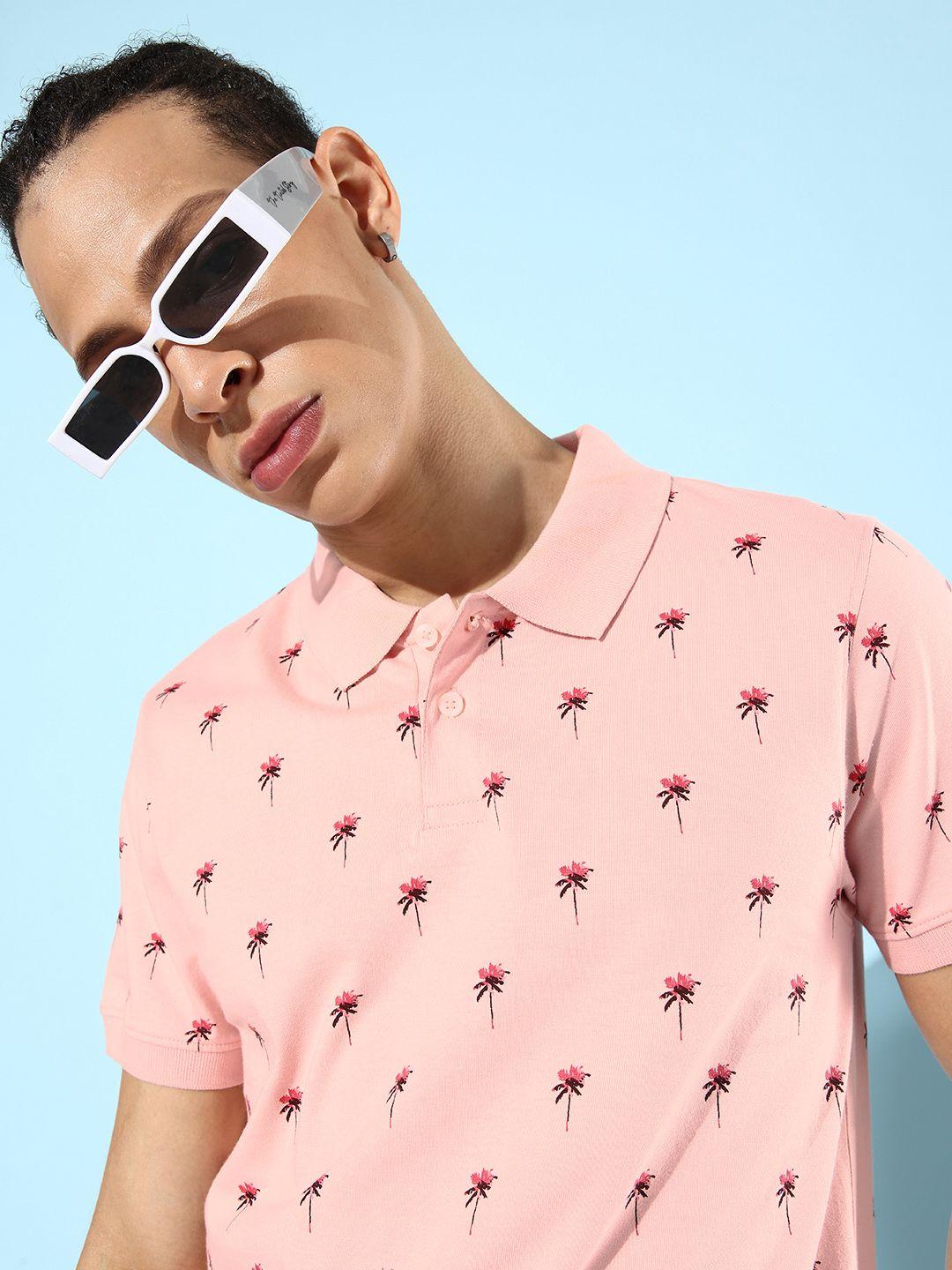 mast & harbour rose peach-coloured tropical flower power polo collar pure cotton t-shirt