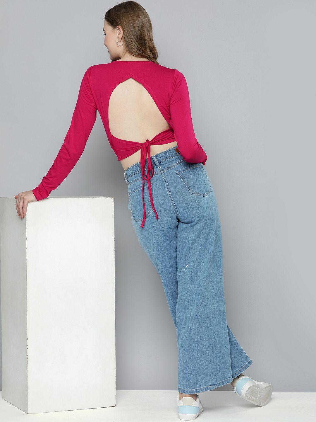 mast & harbour round neck long sleeves styled back cropped top with tie-up closure