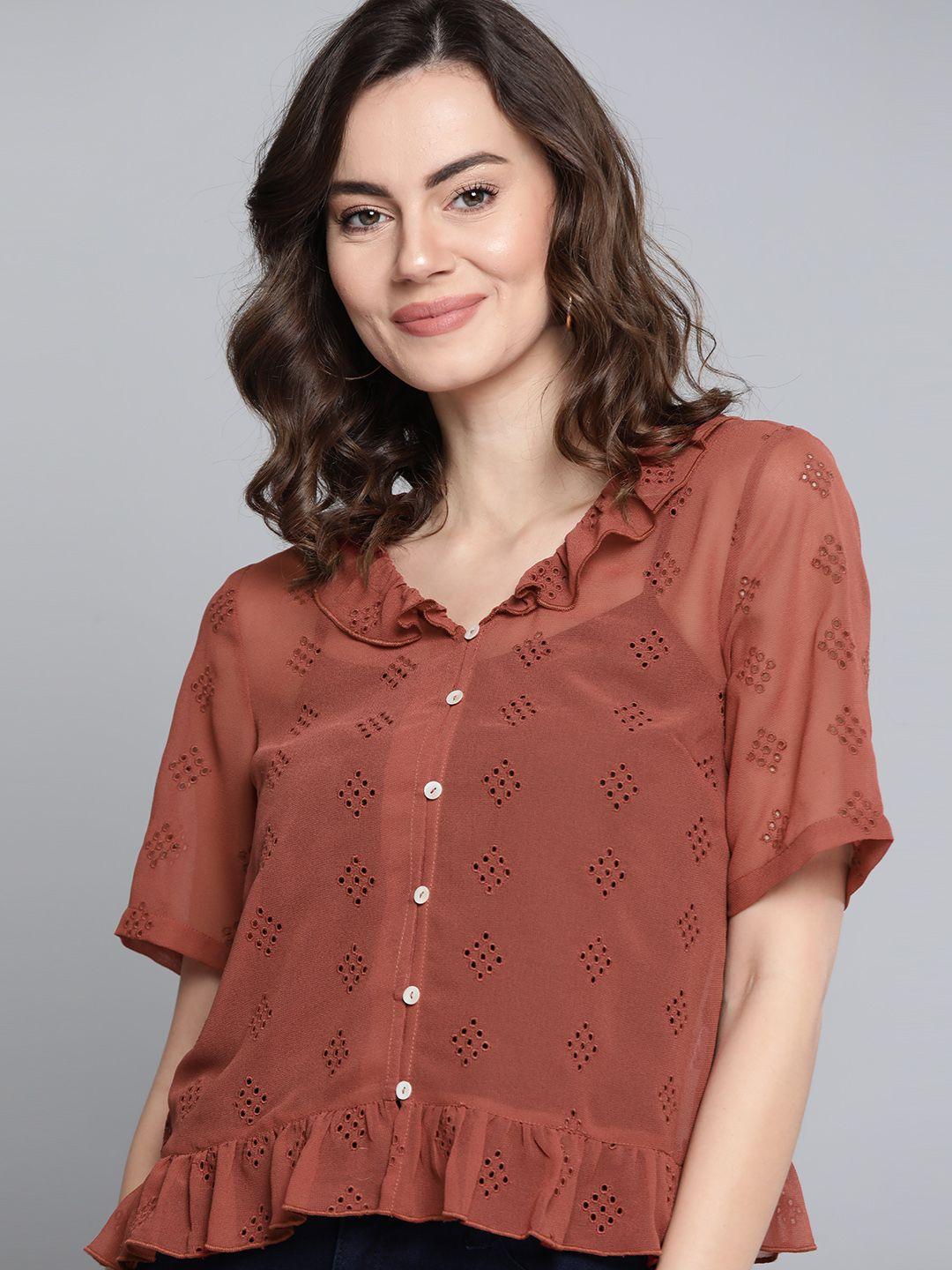 mast & harbour rust brown schiffli embroidered sheer top