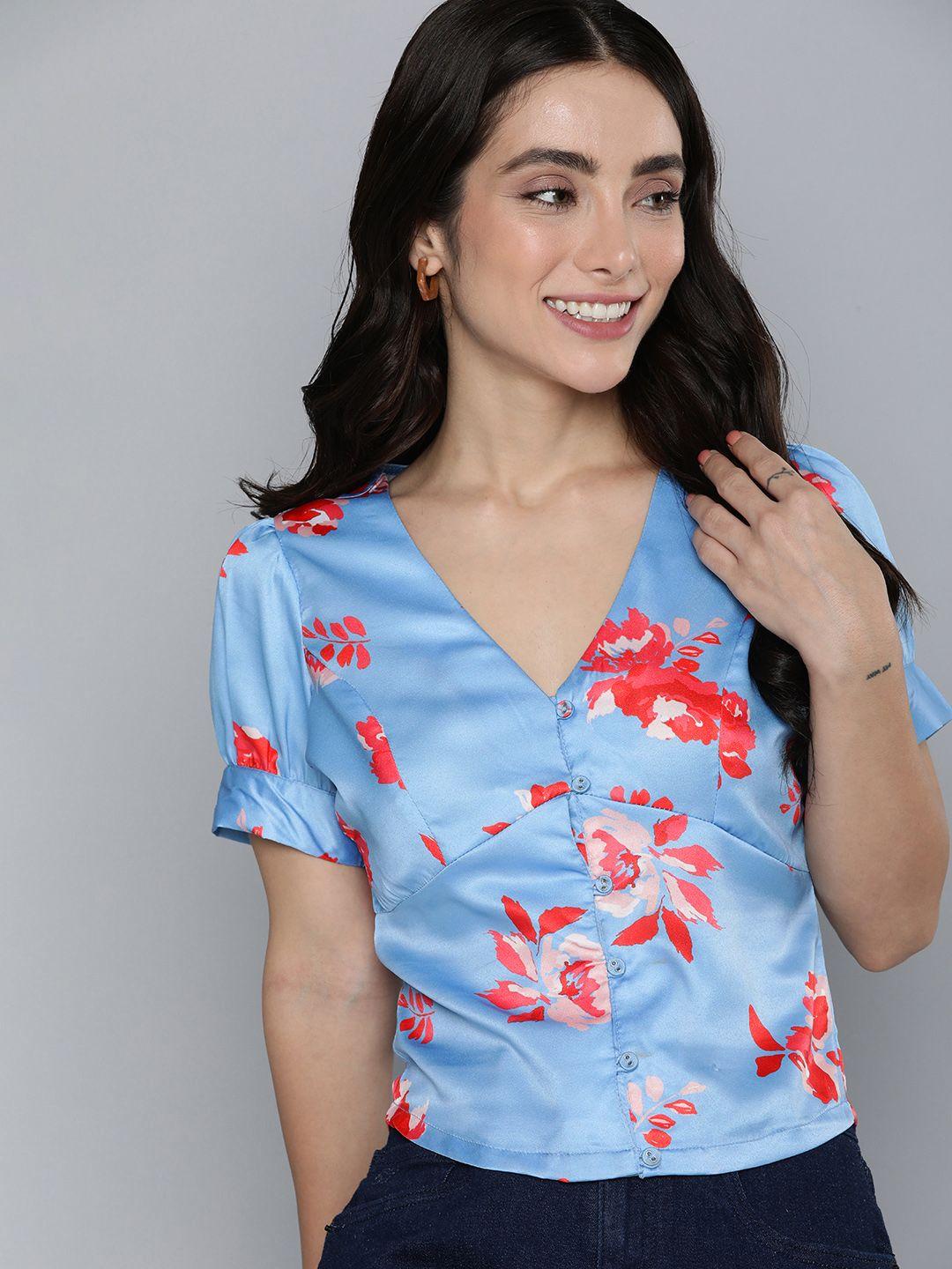 mast & harbour satin finish floral print puff sleeve top