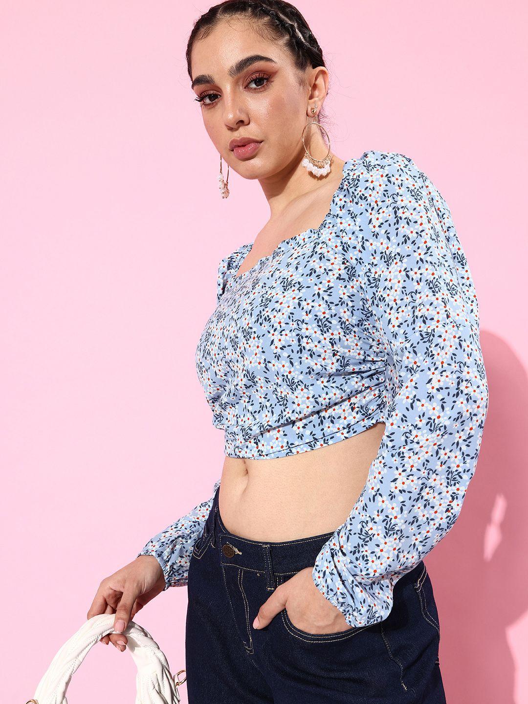 mast & harbour sky blue floral printed emo 2.0 once upon a puff sleeve crop top