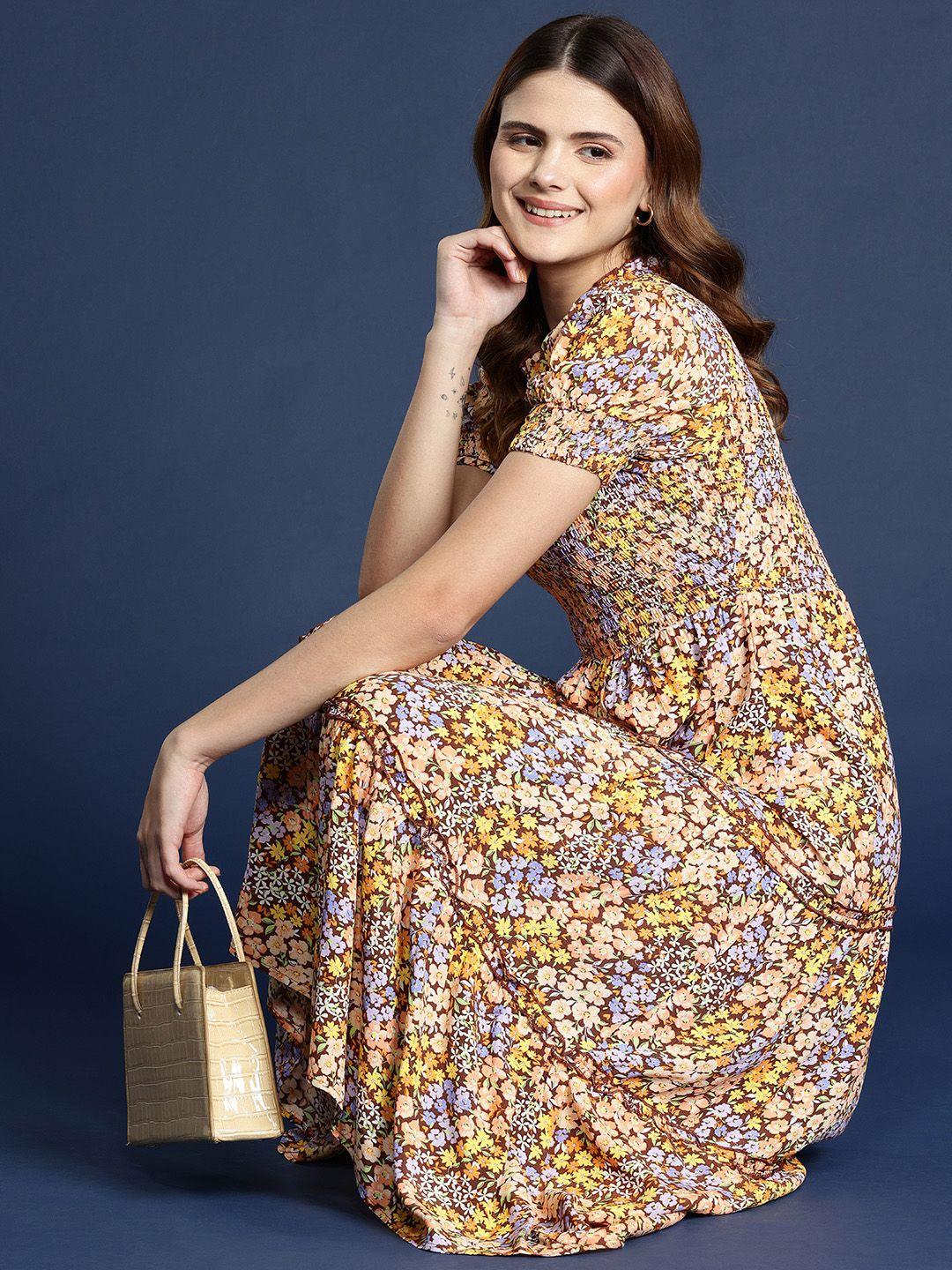 mast & harbour smocked floral print puff sleeve tiered a-line midi dress