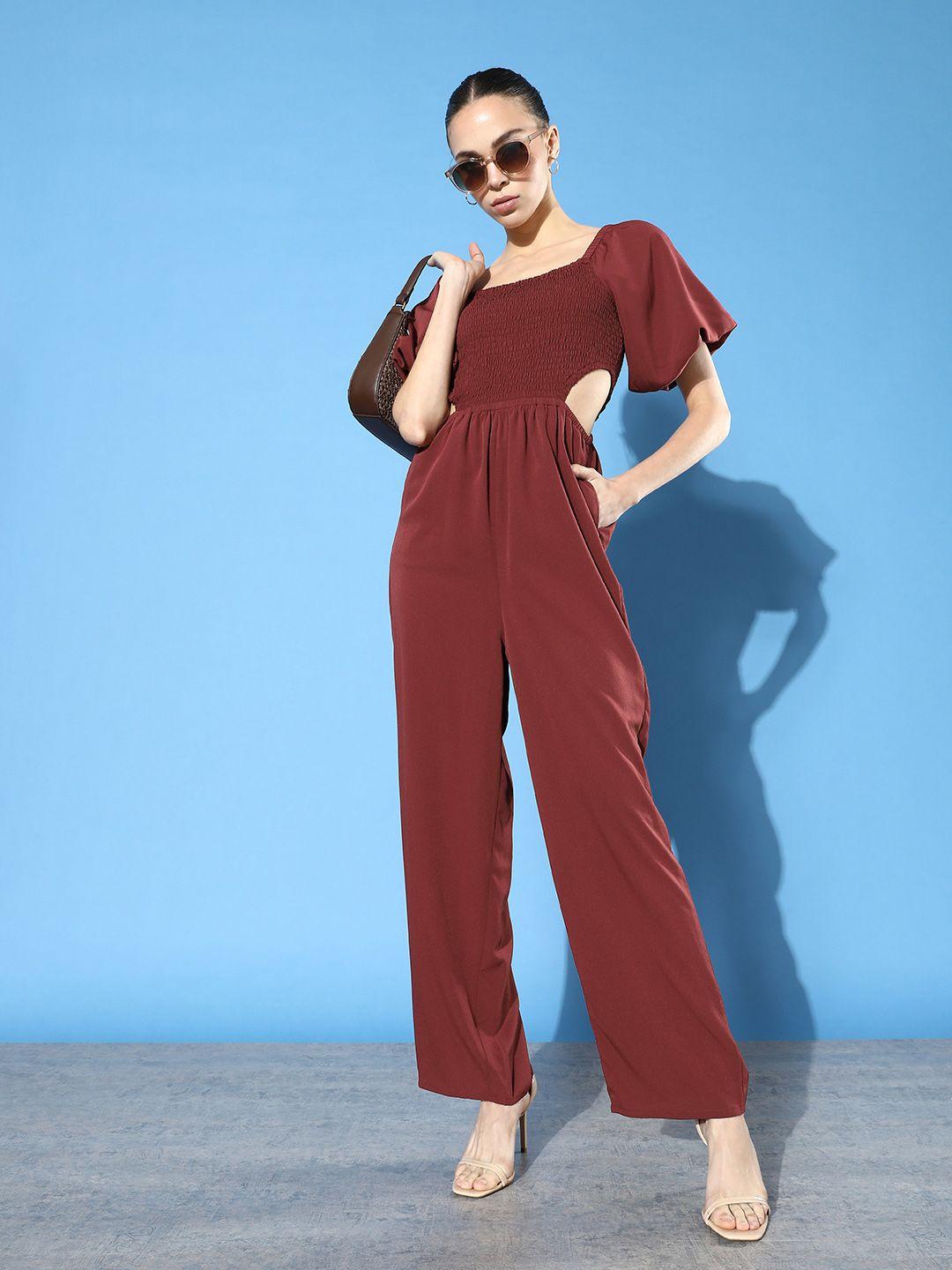 mast & harbour solid smocked cut-out detail basic jumpsuit