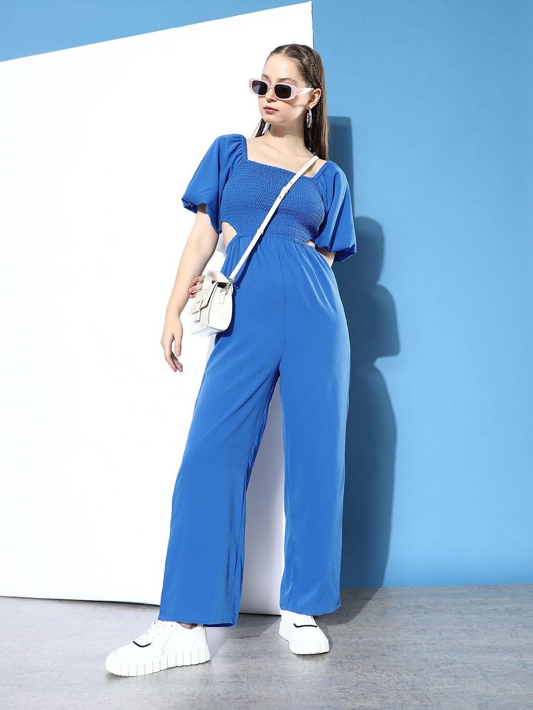 mast & harbour solid smocked cut-out detail basic jumpsuit