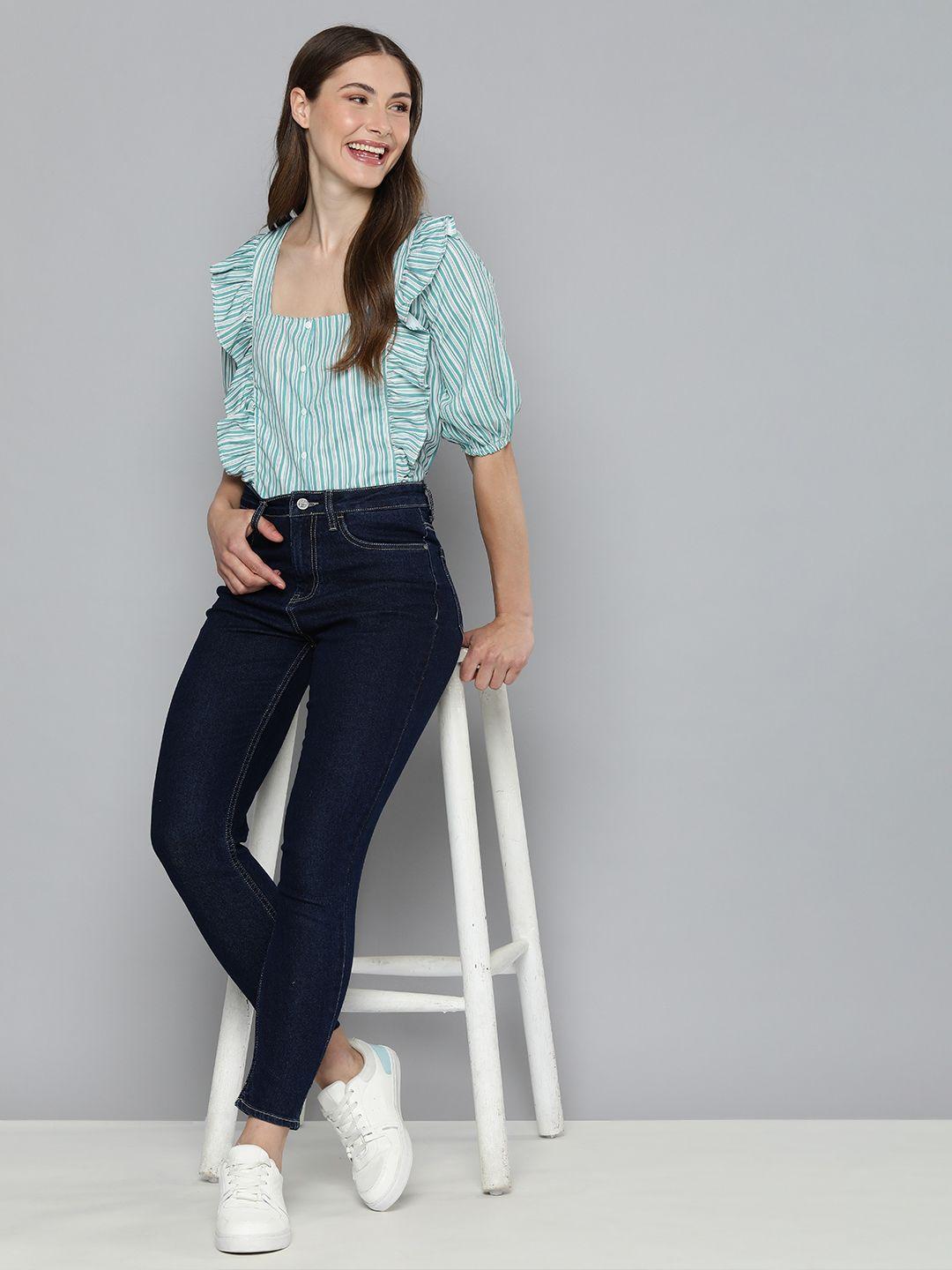 mast & harbour square neck striped regular top with ruffles detail