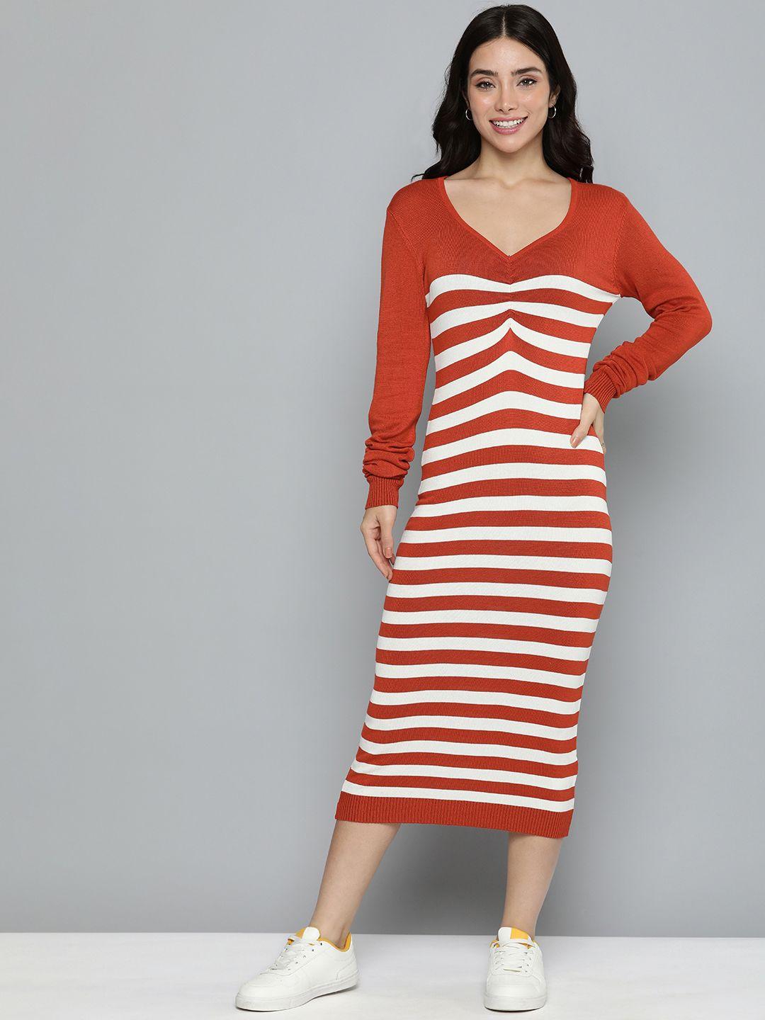 mast & harbour striped sheath midi sweater dress with gathers detail