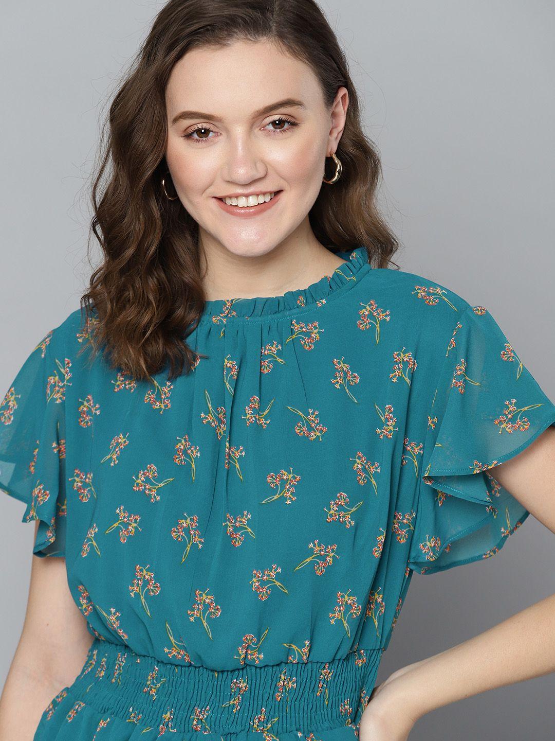 mast & harbour teal & yellow cinched waist top