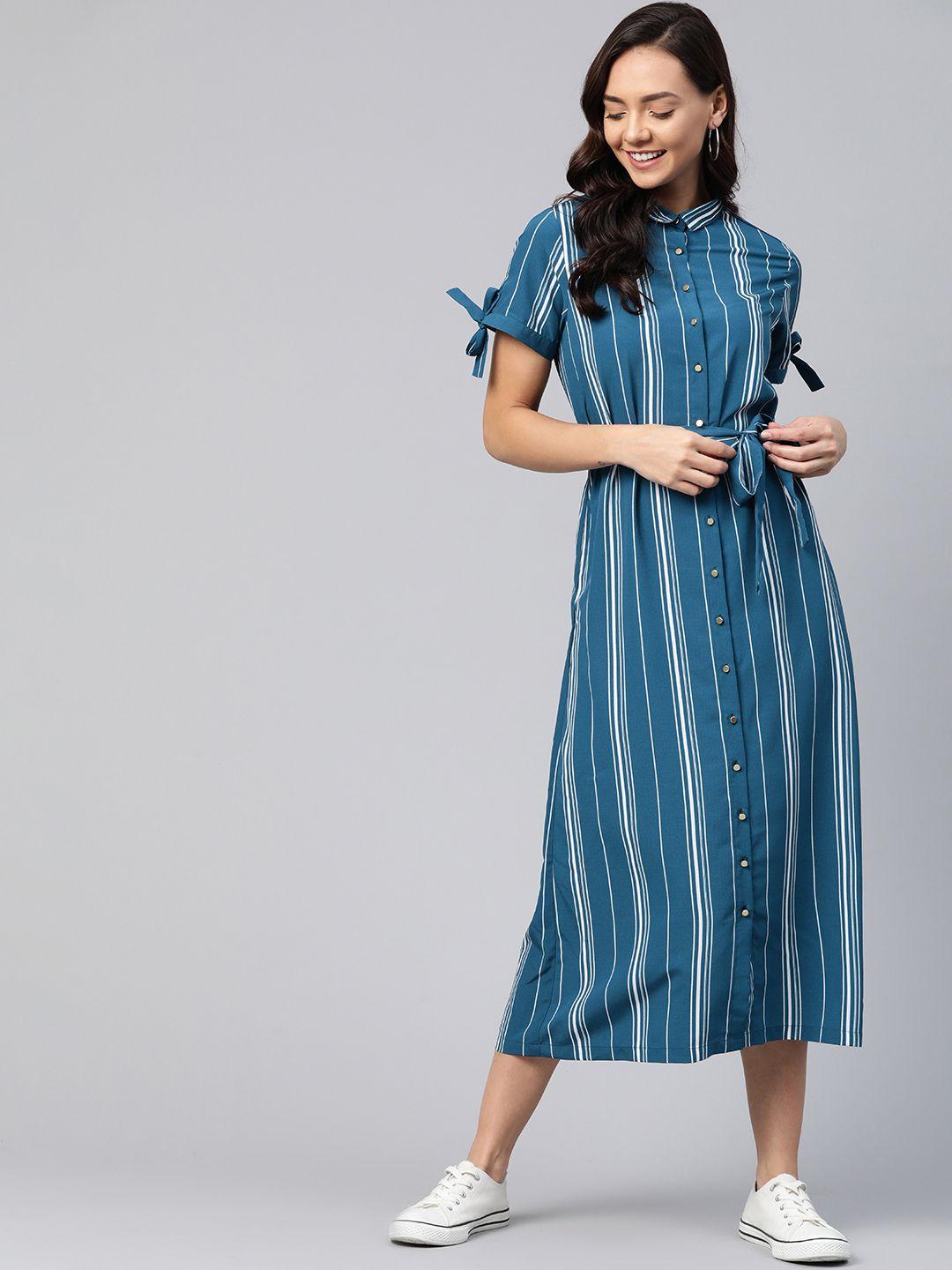 mast & harbour teal blue & white striped shirt dress