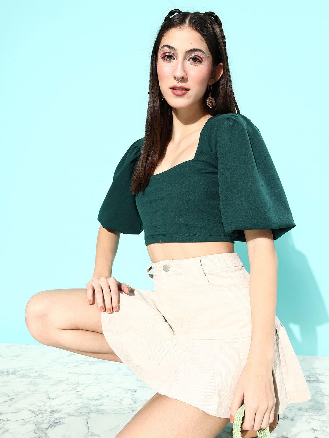 mast & harbour teal green solid puff sleeve crop top