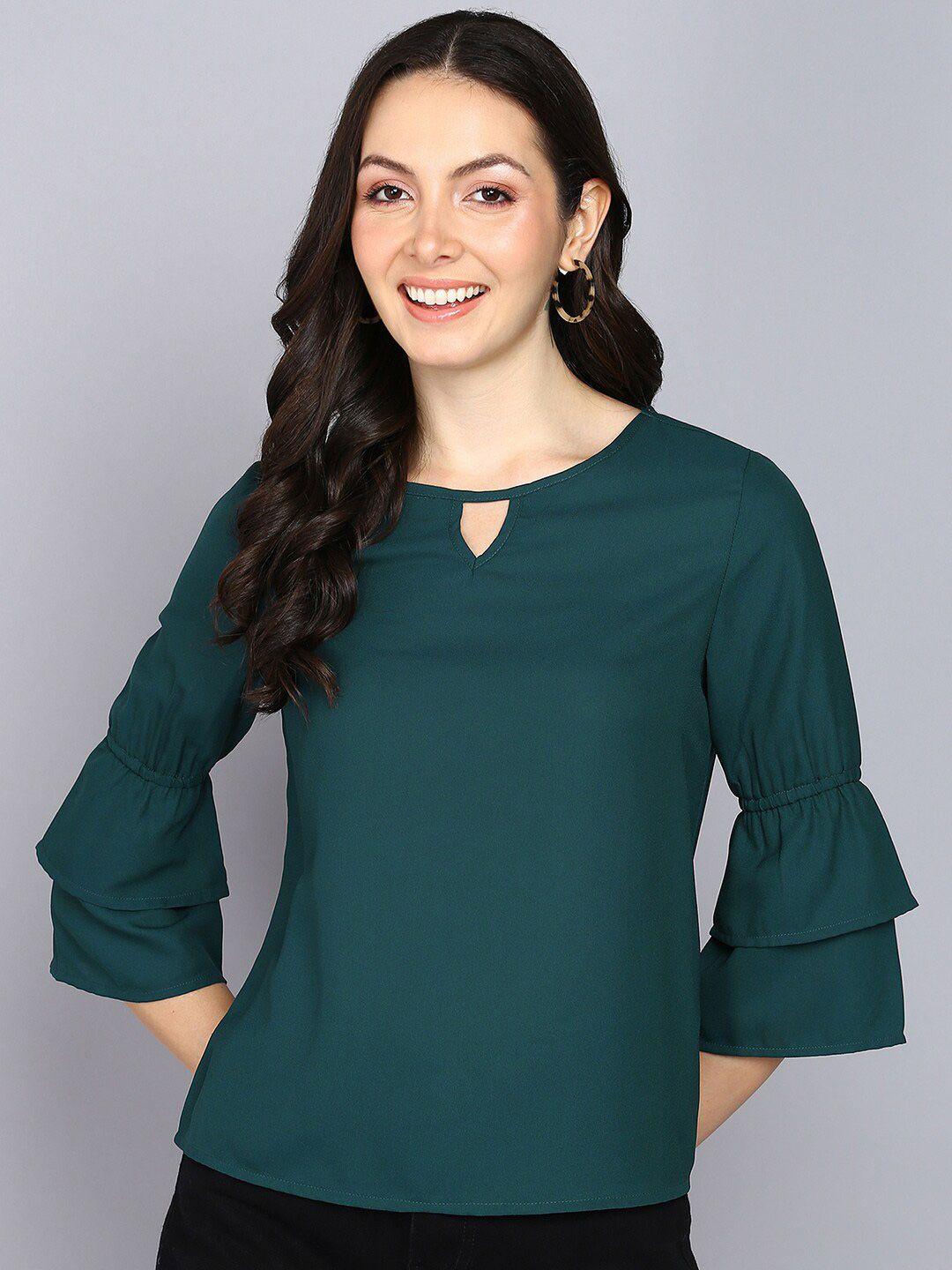 mast & harbour teal keyhole neck bell sleeve crepe top