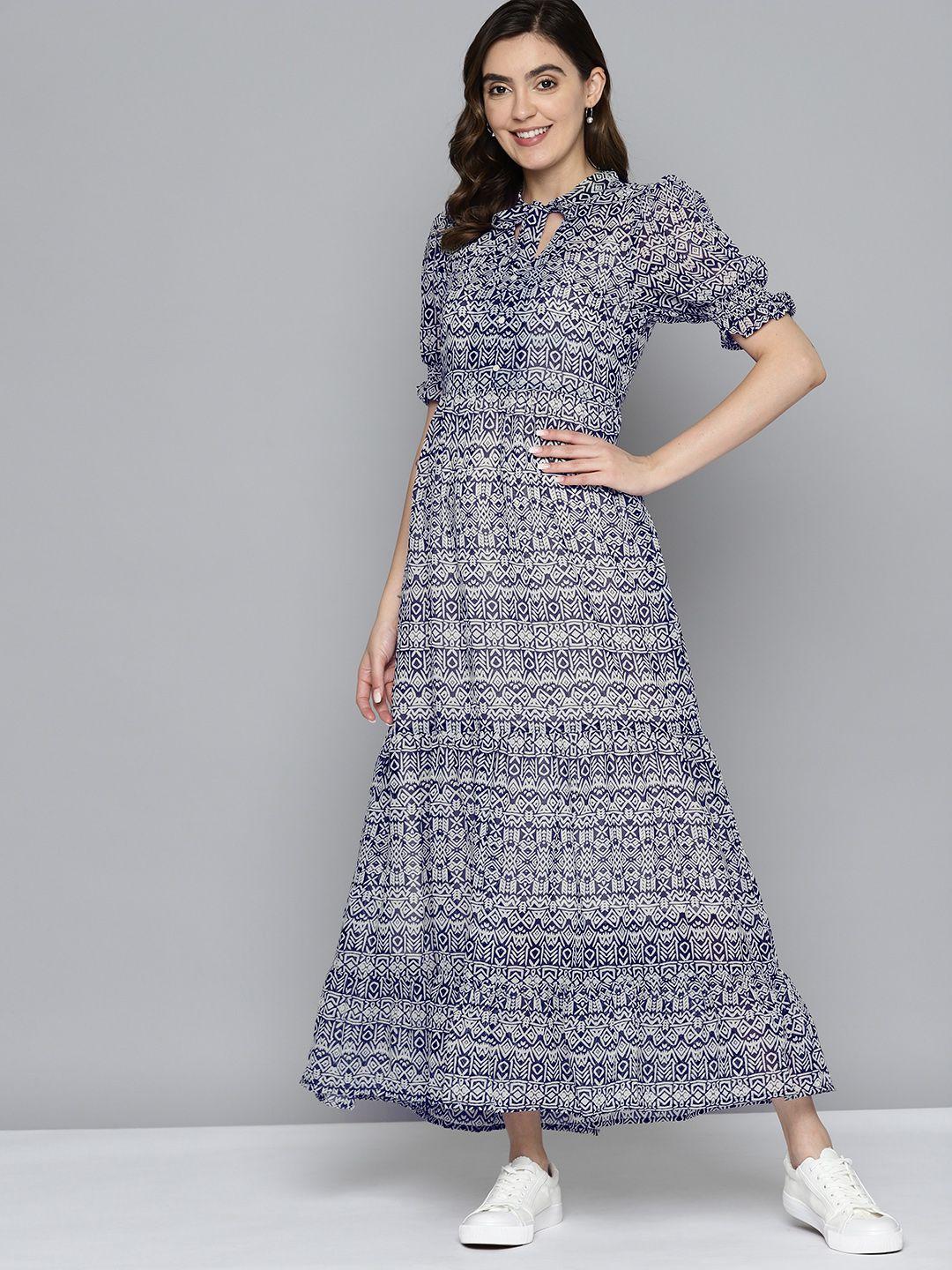 mast & harbour tribal print tie-up neck puff sleeve maxi dress