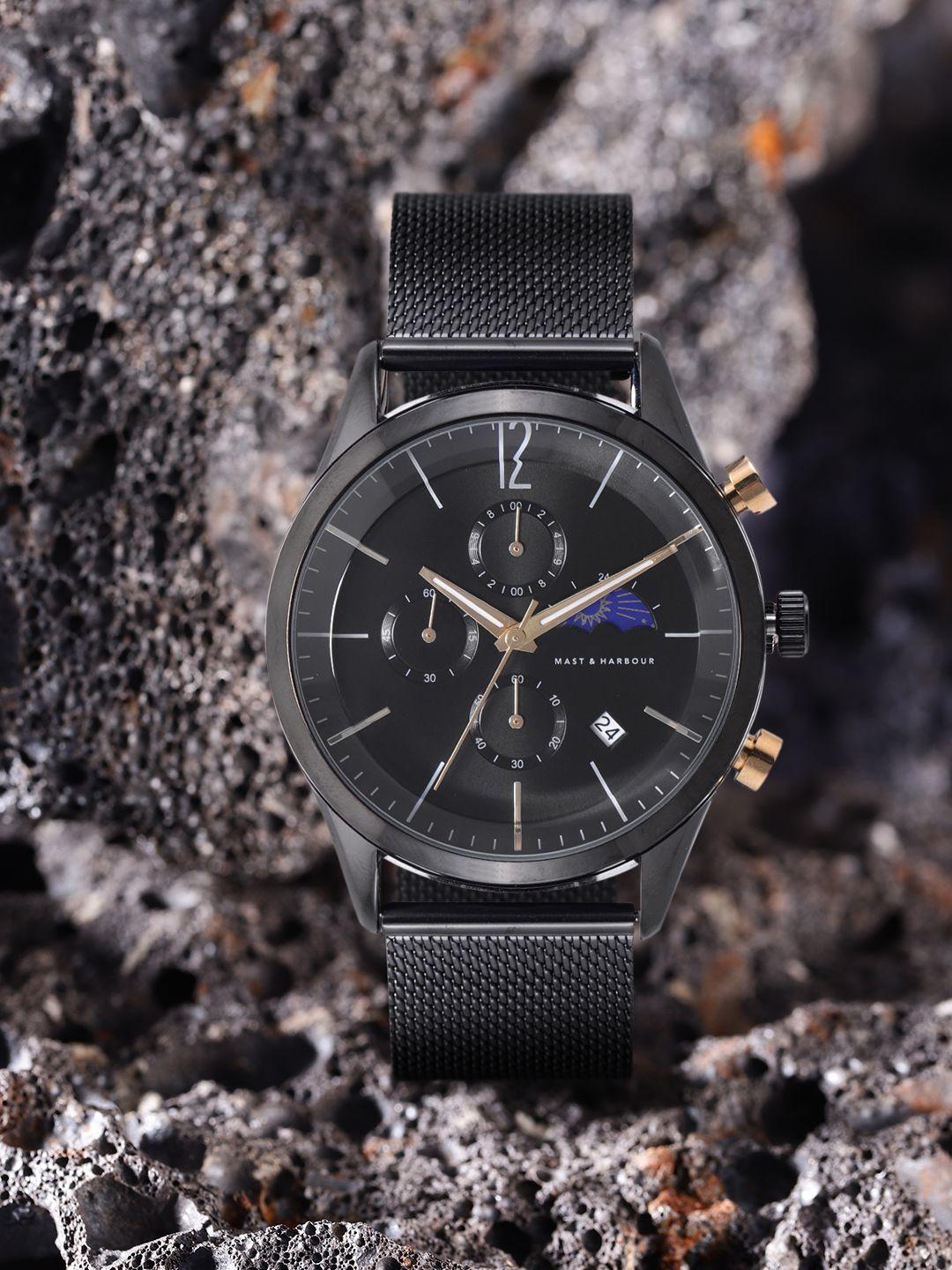 mast & harbour unisex black dial & bracelet style straps analogue watch mfb-pn-dk2865