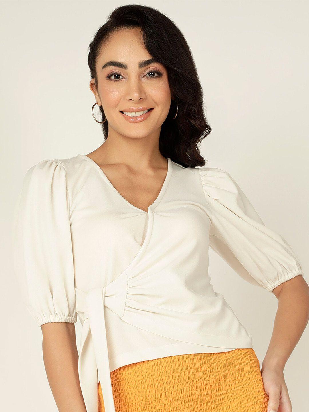 mast & harbour v-neck puff sleeves wrap crop top