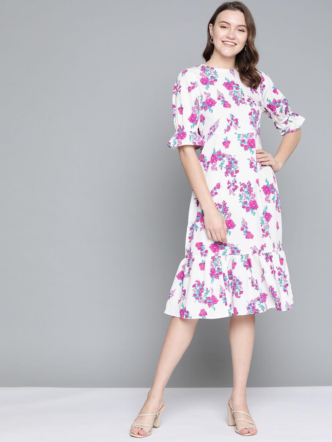 mast & harbour white & purple floral printed midi a-line dress