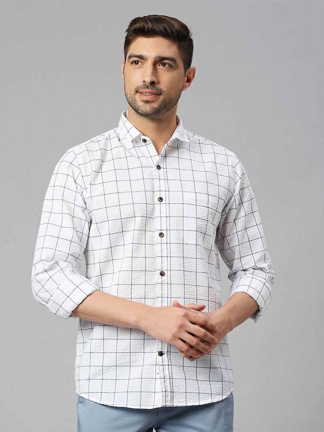 mast & harbour white classic slim fit checked seersucker cotton casual shirt