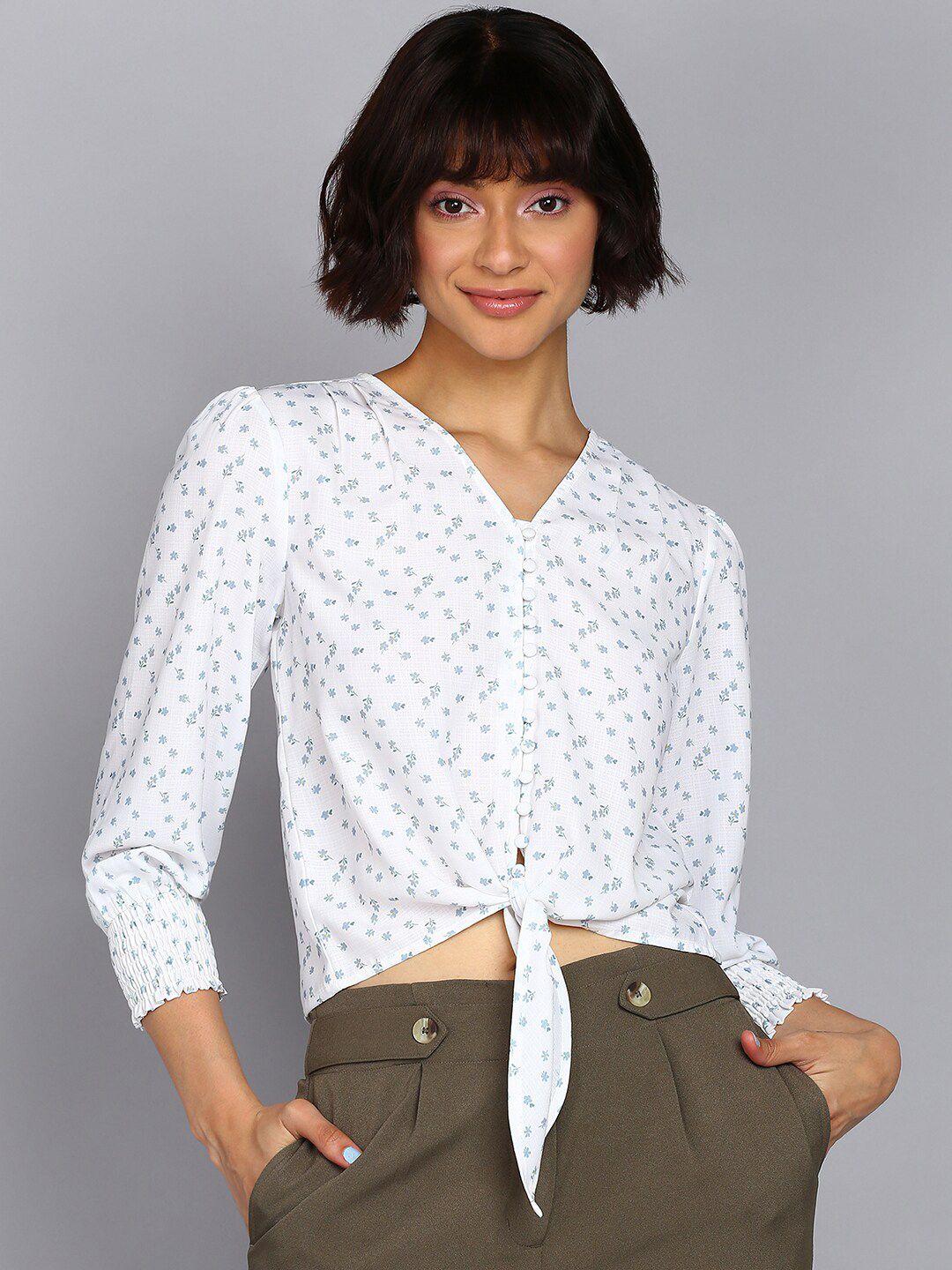 mast & harbour white floral print crepe shirt style crop top