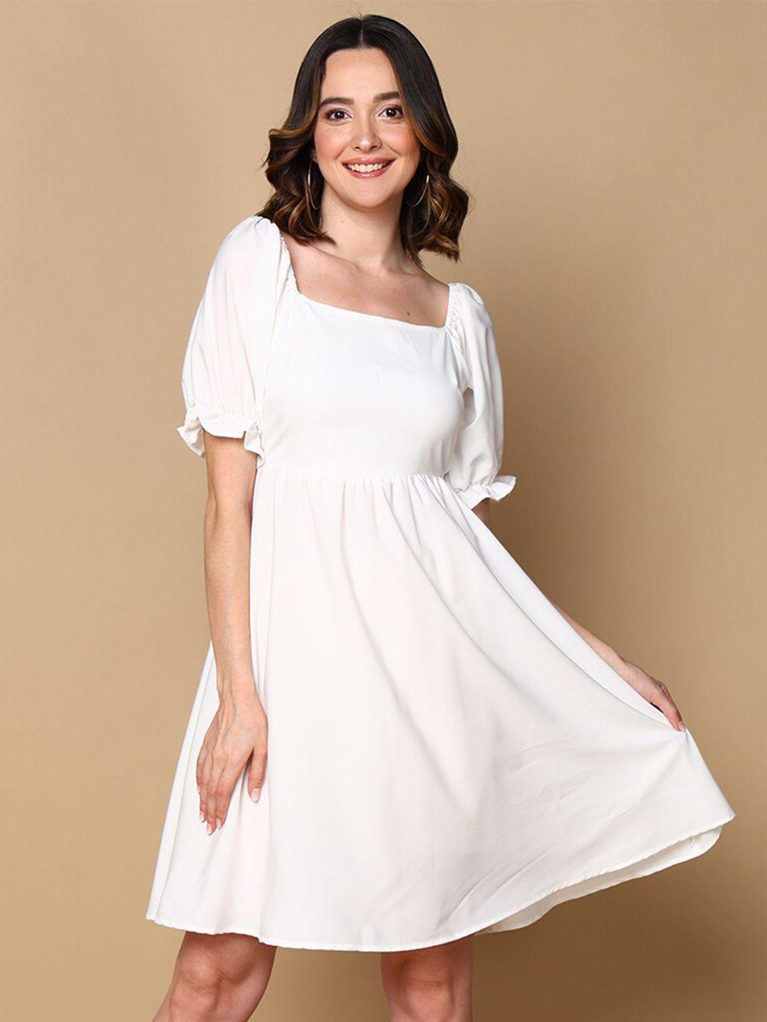 mast & harbour white puff sleeve square neck crepe fit & flare dress