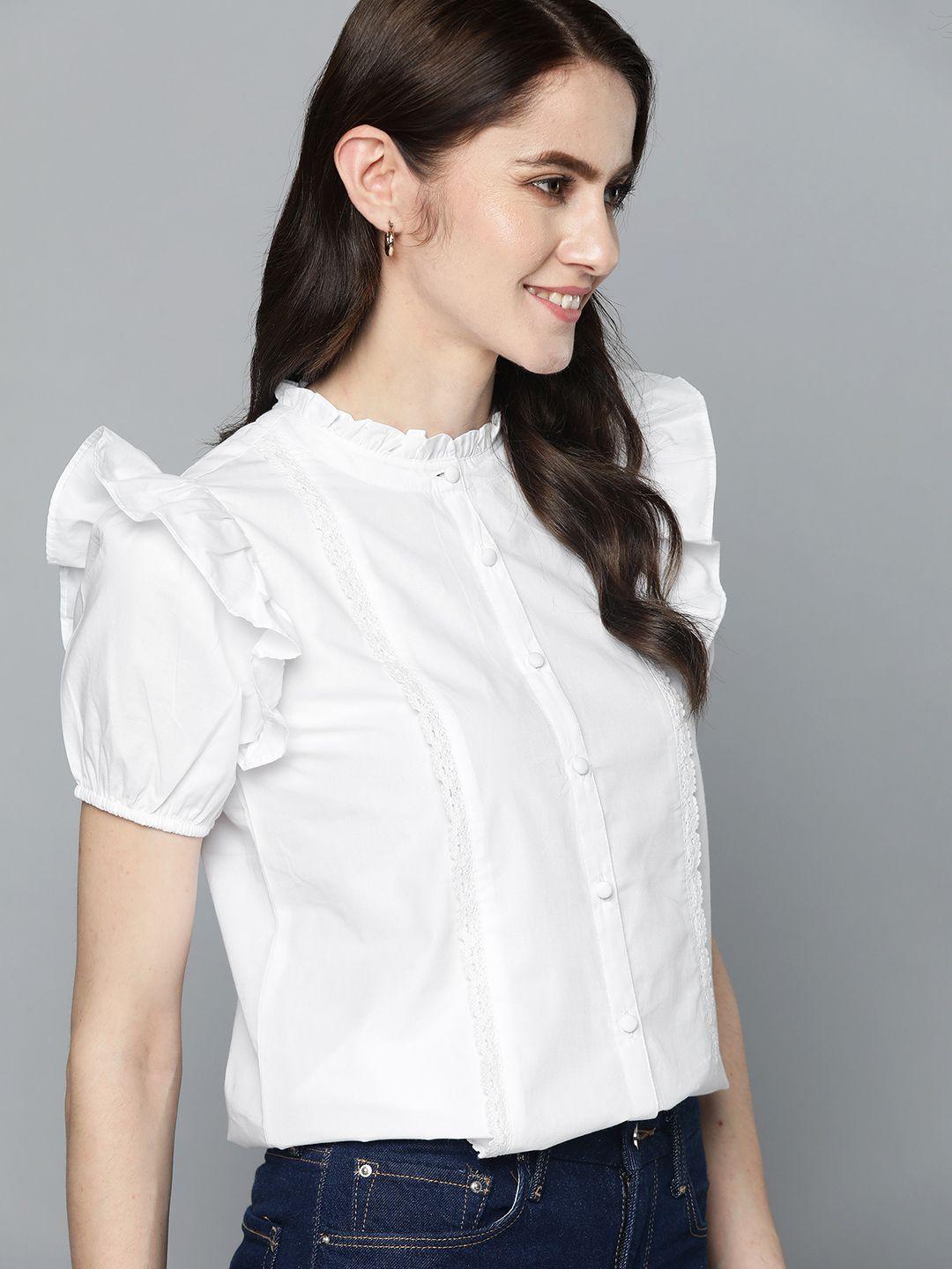 mast & harbour white solid pure cotton puff sleeve shirt style top with lace insert detail