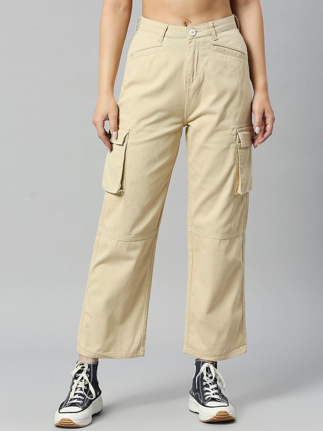 mast & harbour women beige comfort slim fit high-rise pure cotton cargos trousers