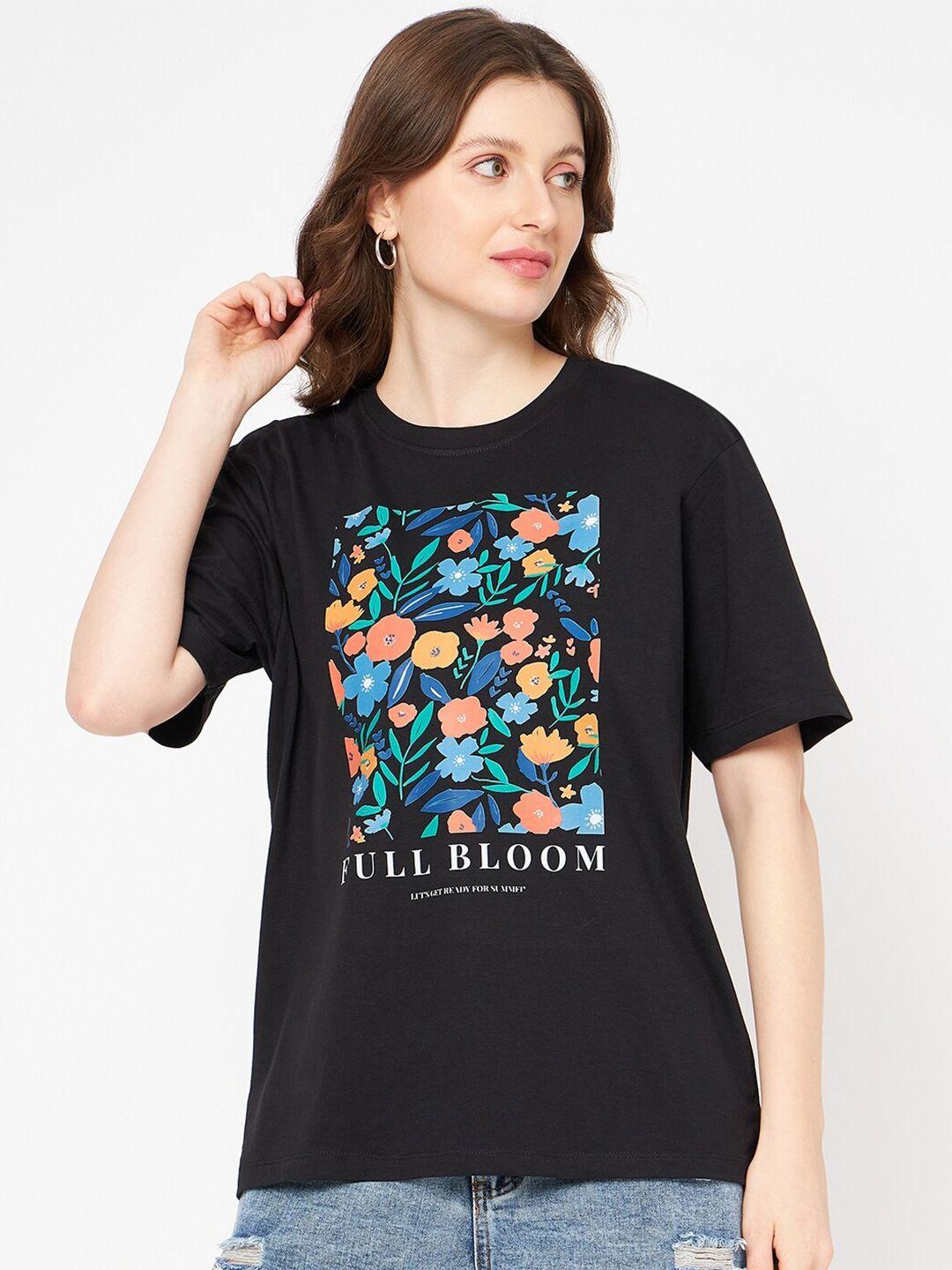 mast & harbour women black floral printed pure cotton raw edge t-shirt