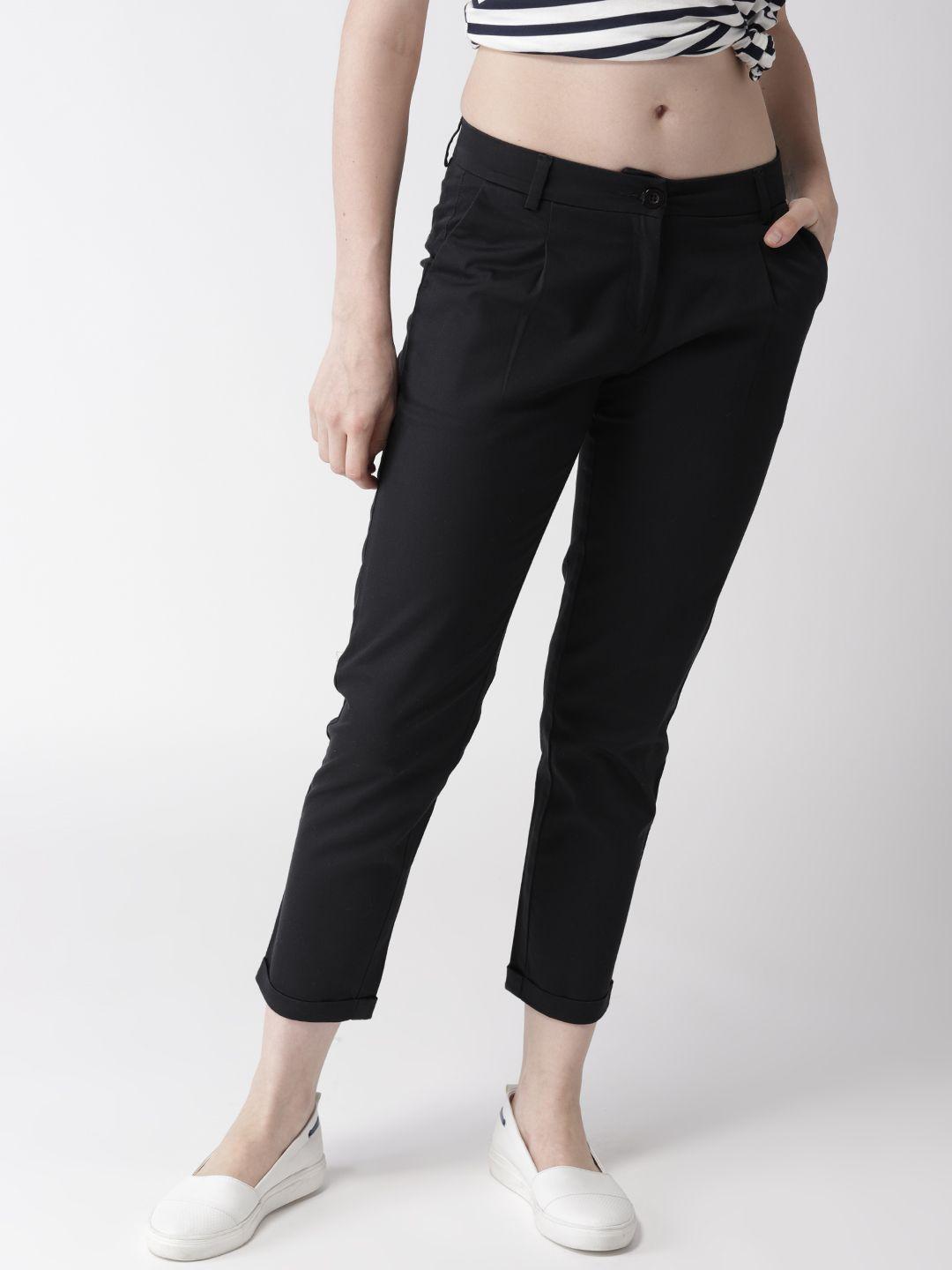 mast & harbour women black regular fit solid cropped trousers