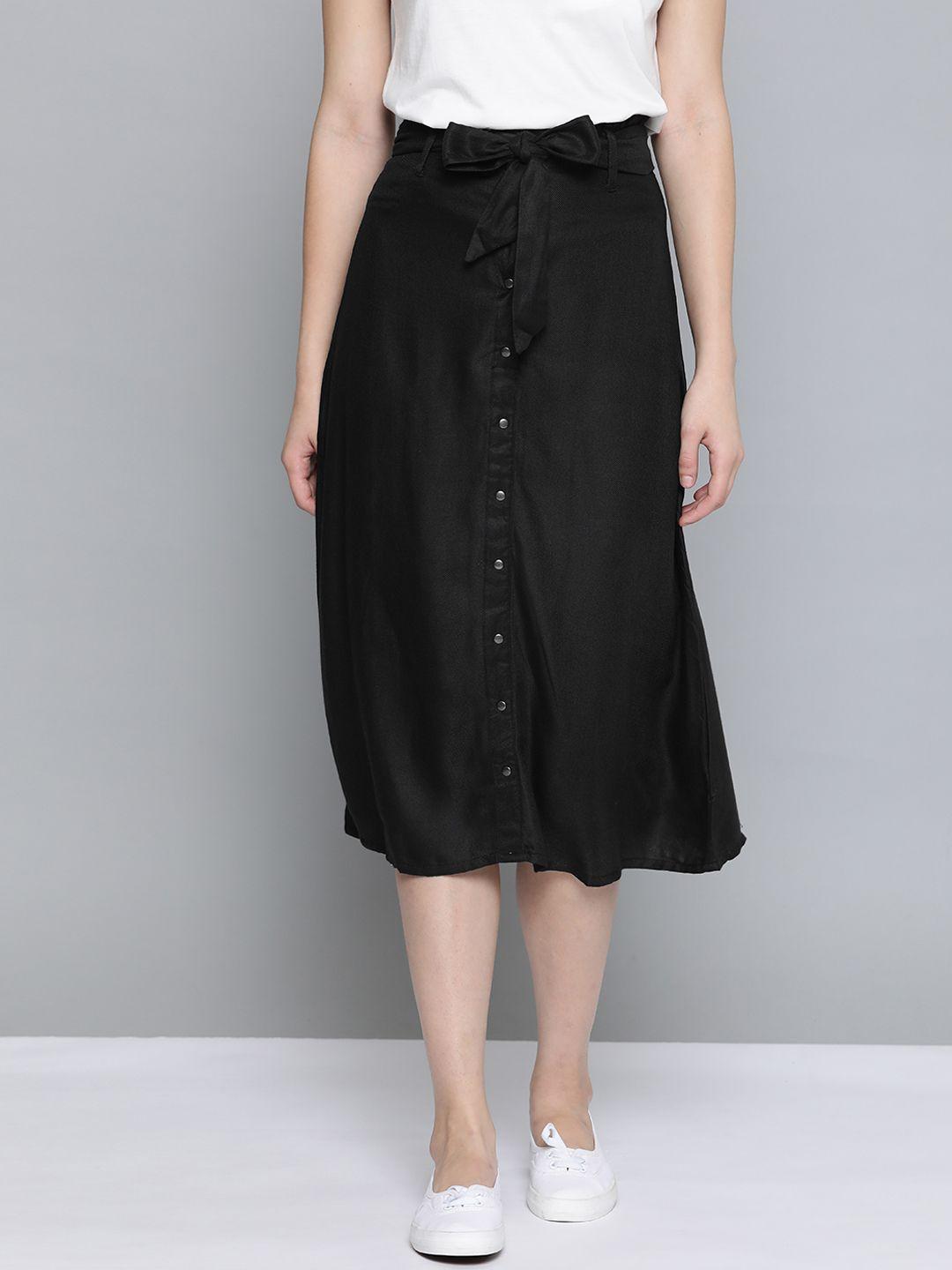 mast & harbour women black solid a-line midi skirt with belt