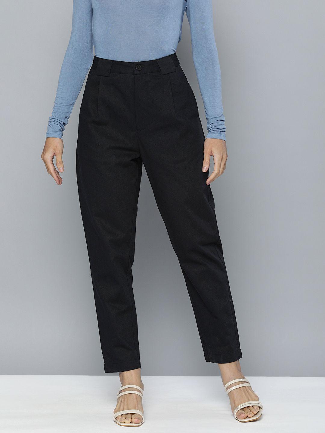 mast & harbour women black solid pleated chinos trousers