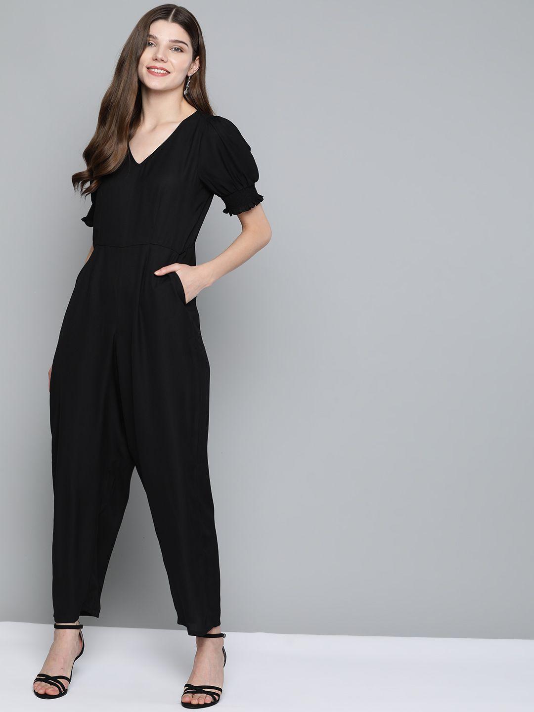 mast & harbour women black solid puff sleeves basic jumpsuit
