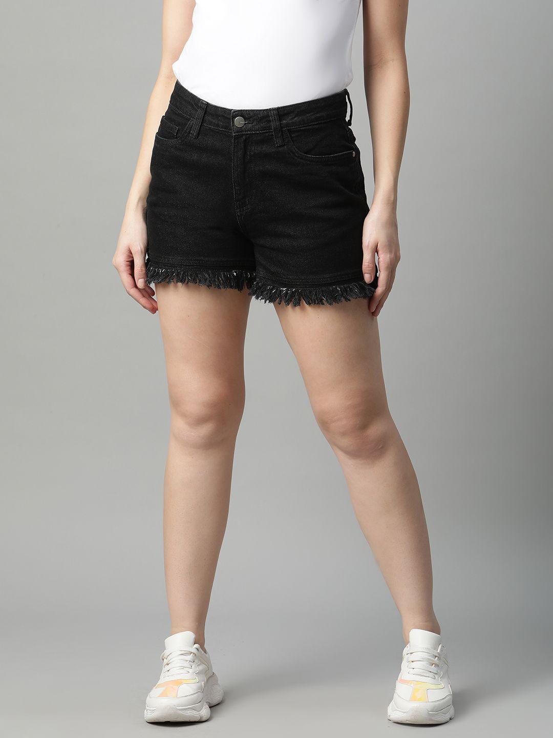 mast & harbour women black solid regular fit denim shorts