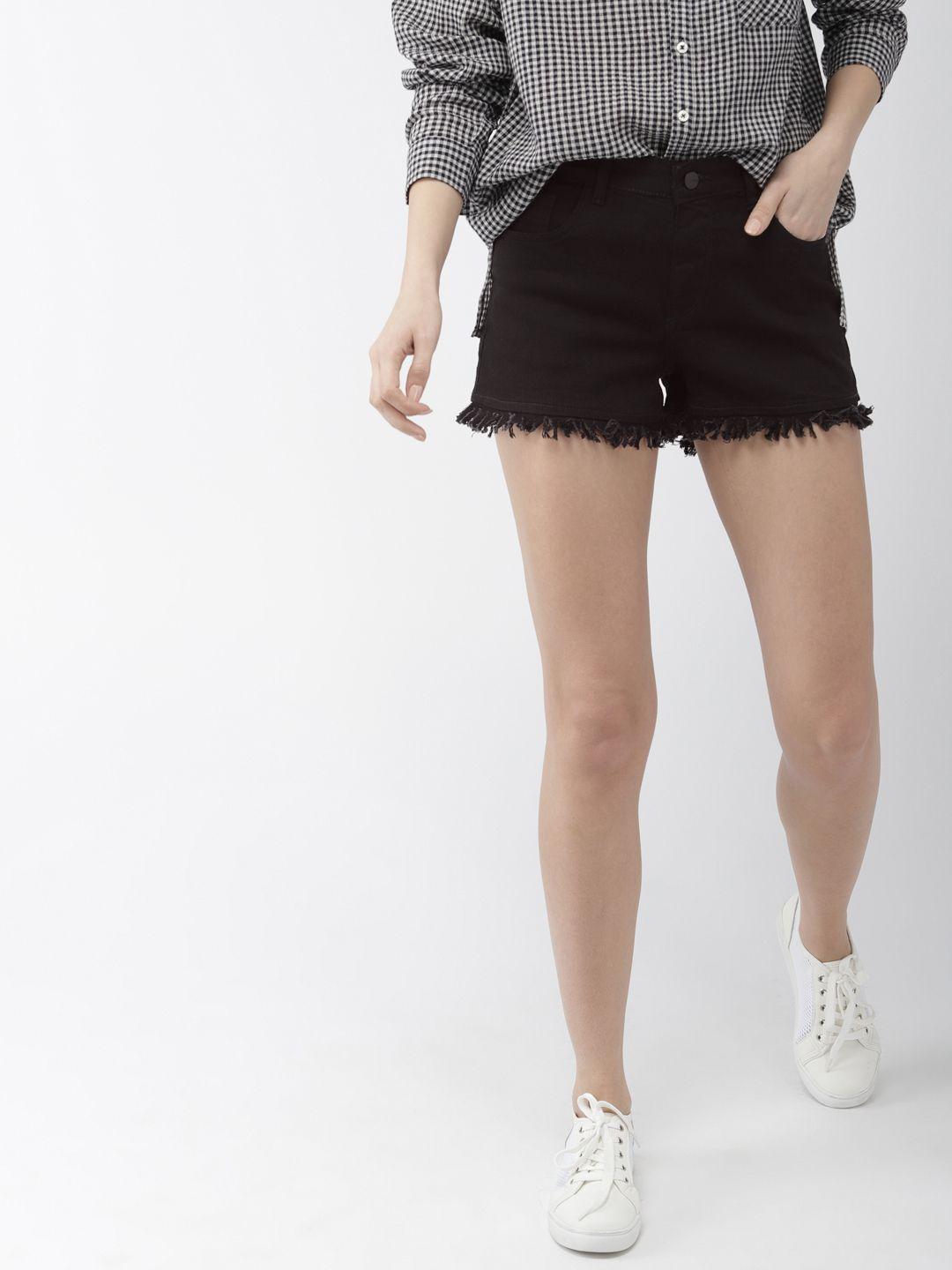 mast & harbour women black solid regular fit denim shorts