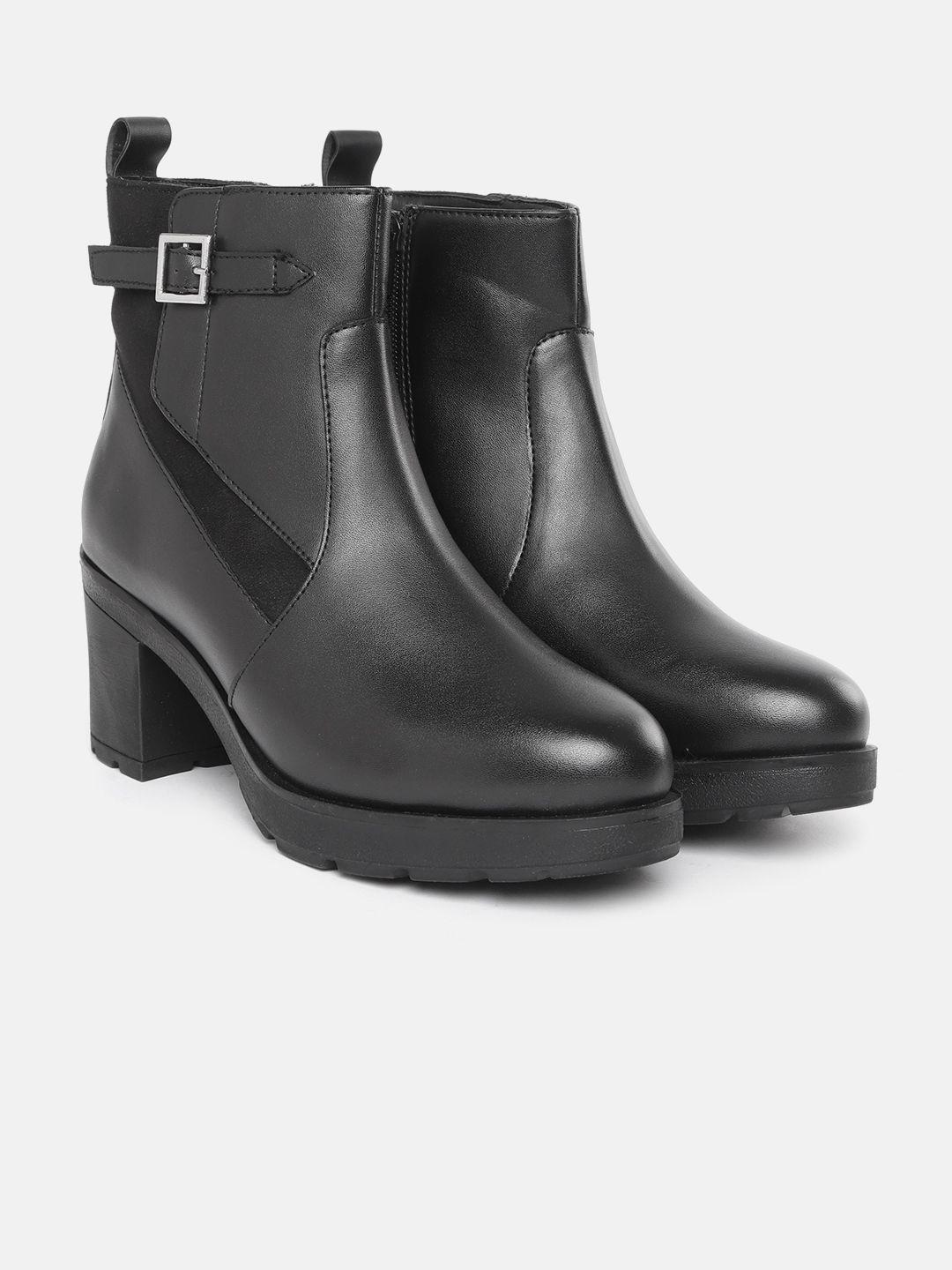 mast & harbour women black solid regular mid-top round toe boots