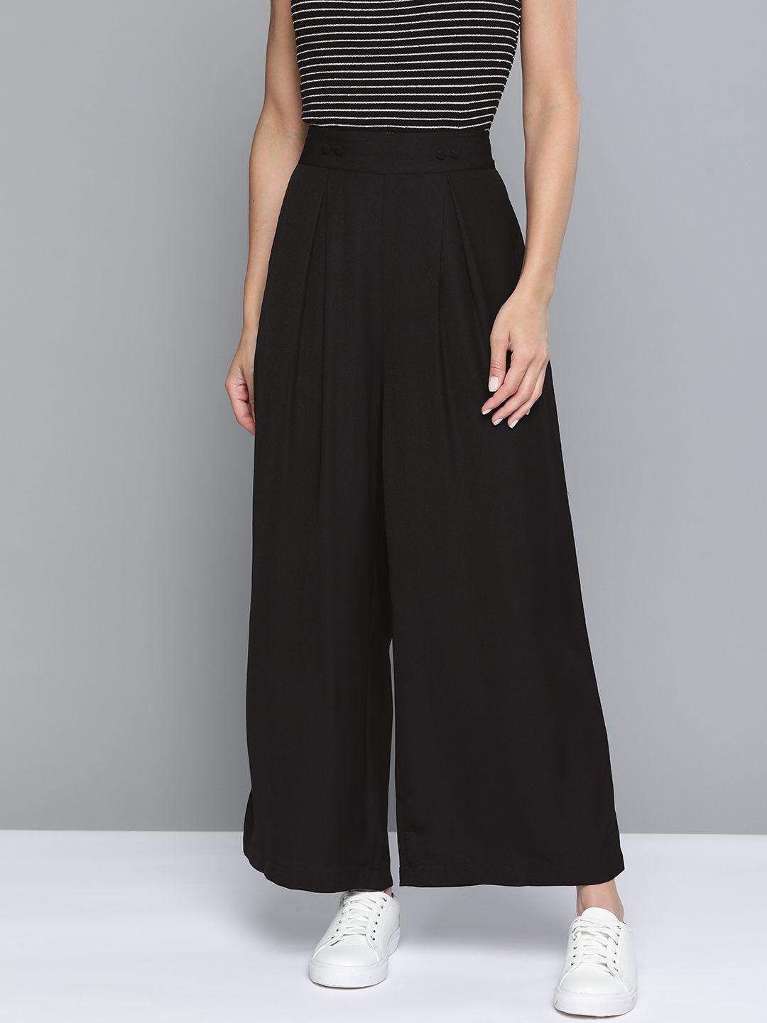 mast & harbour women black solid wide leg pleated trousers