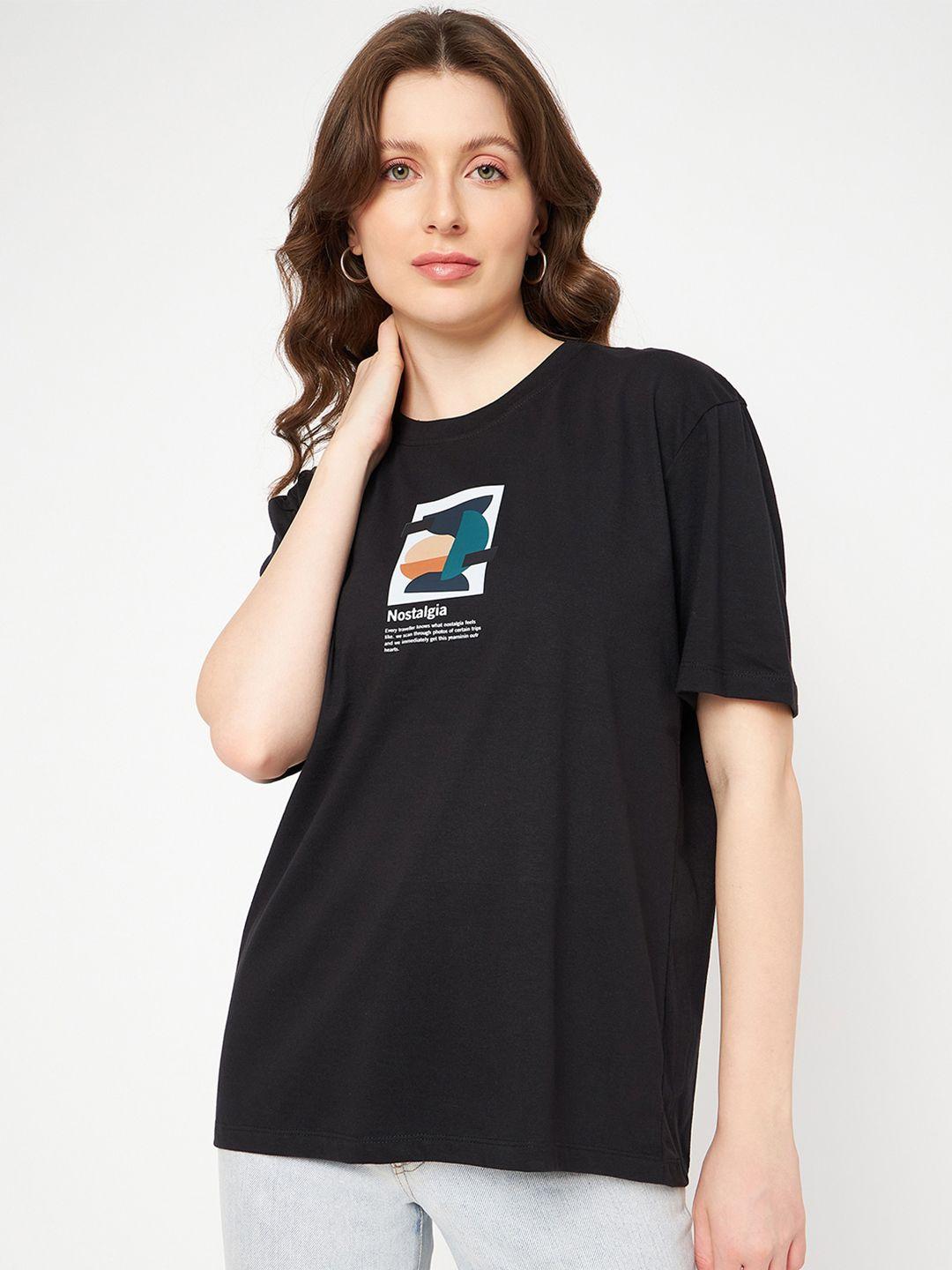 mast & harbour women black typography printed pure cotton applique t-shirt