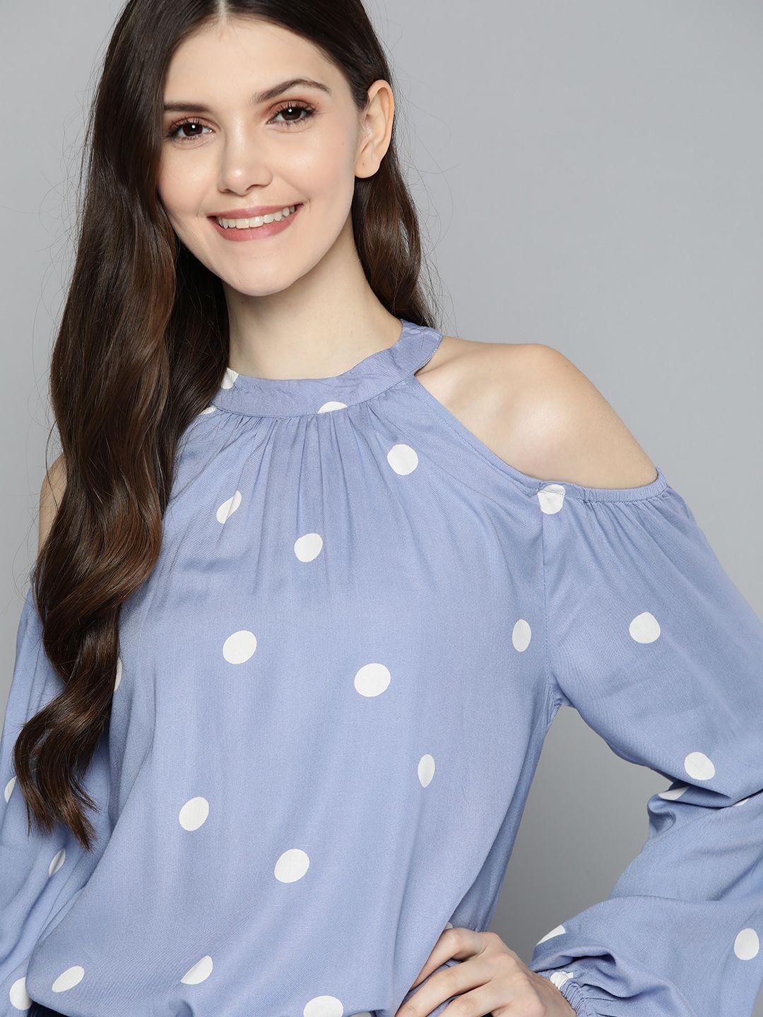 mast & harbour women blue & off white polka dot printed top