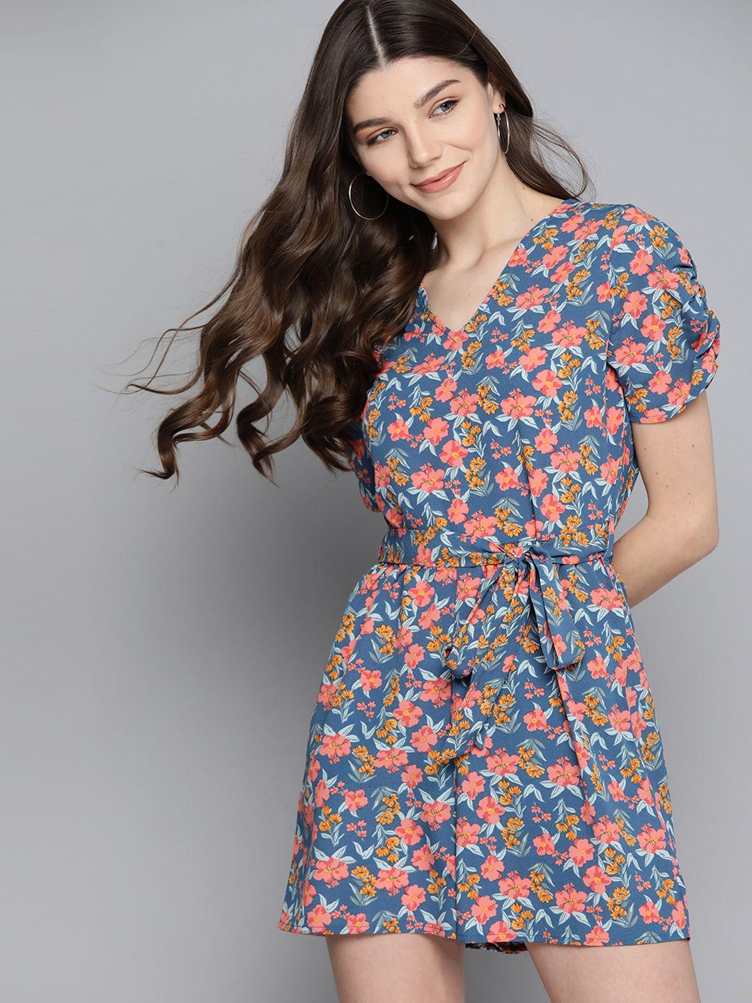 mast & harbour women blue & peach-coloured floral print playsuit